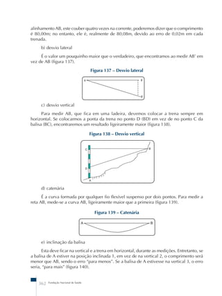 alinhamento AB, este couber quatro vezes na corrente, poderemos dizer que o comprimento 
é 80,00m; no entanto, ele é, realmente de 80,08m, devido ao erro de 0,02m em cada 
trenada. 
b) desvio lateral 
É o valor um pouquinho maior que o verdadeiro, que encontramos ao medir AB’ em 
vez de AB (figura 137). 
Figura 137 – Desvio lateral 
c) desvio vertical 
Para medir AB, que fica em uma ladeira, devemos colocar a trena sempre em 
horizontal. Se colocarmos a ponta da trena no ponto D (BD) em vez de no ponto C da 
balisa (BC), encontraremos um resultado ligeiramente maior (figura 138). 
d) catenária 
É a curva formada por qualquer fio flexível suspenso por dois pontos. Para medir a 
reta AB, mede-se a curva AB, ligeiramente maior que a primeira (figura 139). 
362 Fundação Nacional de Saúde 
Figura 138 – Desvio vertical 
C B 
Figura 139 – Catenária 
A 
D 
A B 
e) inclinação da balisa 
Esta deve ficar na vertical e a trena em horizontal, durante as medições. Entretanto, se 
a balisa de A estiver na posição inclinada 1, em vez de na vertical 2, o comprimento será 
menor que AB, sendo o erro “para menos”. Se a balisa de A estivesse na vertical 3, o erro 
seria, “para mais” (figura 140). 
 