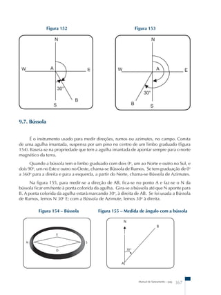 Figura 152 Figura 153 
N 
A 
W E 
30° 
S 
N 
Figura 154 – Bússola Figura 155 – Medida de ângulo com a bússola 
Manual de Saneamento – pag. 367 
B 
W E 
S 
A 
B 
30° 
9.7. Bússola 
É o instrumento usado para medir direções, rumos ou azimutes, no campo. Consta 
de uma agulha imantada, suspensa por um pino no centro de um limbo graduado (figura 
154). Baseia-se na propriedade que tem a agulha imantada de apontar sempre para o norte 
magnético da terra. 
Quando a bússola tem o limbo graduado com dois 0o, um ao Norte e outro no Sul, e 
dois 90o, um no Este e outro no Oeste, chama-se Bússola de Rumos. Se tem graduação de 0o 
a 360o para a direita e para a esquerda, a partir do Norte, chama-se Bússola de Azimutes. 
Na figura 155, para medir-se a direção de AB, fica-se no ponto A e faz-se o N da 
bússola ficar em frente à ponta colorida da agulha. Gira-se a bússola até que N aponte para 
B. A ponta colorida da agulha estará marcando 30o, à direita de AB. Se foi usada a Bússola 
de Rumos, lemos N 30o E; com a Bússola de Azimute, lemos 30o à direita. 
 