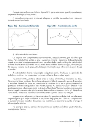 Quando o caminhamento é aberto (figura 163), o erro só aparece quando se conhecem 
Manual de Saneamento – pag. 371 
os pontos de chegada e de partida. 
O caminhamento cujos pontos de chegada e partida são conhecidos chama-se 
caminhamento amarrado. 
Figura 162 – Caminhamento fechado Figura 163 – Caminhamento aberto 
A 
B 
C 
G 
D 
E 
F 
A 
B 
C 
D 
E 
f) caderneta de levantamento 
Os ângulos e os comprimentos serão medidos, respectivamente, por bússola e por 
trena. Para os trabalhos, utiliza-se uma – caderneta própria – Caderneta de Levantamento 
- onde se anotam os valores necessários ao trabalho: dados medidos (ângulos e distâncias) 
e dados informativos (atividades locais, nome da localidade, do rio, da lagoa, do riacho; se 
há água de chafariz ou de poço, etc., todas as informações que interessem a quem deseja 
a planta). 
A caderneta tem forma e disposição compatíveis com a finalidade e a precisão do 
trabalho a realizar. No nosso caso, podemos utilizar a do modelo a seguir. 
Na primeira linha, anota-se o local onde se realiza o trabalho, o município e a data. 
Na segunda linha, os títulos das colunas são preenchidos à proporção que se desenvolve 
o trabalho. Na coluna “Estação”, escreve-se os números ou as letras que representam os 
pontos do terreno onde paramos para medir ângulos. Na coluna “visadas”, anotam-se os 
pontos para onde olhamos ao medir os ângulos. Na coluna “Rumos”, anotam-se os ângulos 
formados pelo encontro dos alinhamentos do caminhamento com a linha NS. Na coluna 
“Distância”, escreve-se a distância em metros entre o ponto visado e a estação. 
Na parte reservada ao croqui, faz-se um desenho aproximado do local de trabalho, com 
os pontos principais a que se referem as anotações da página, para facilitar a compreensão 
e o andamento dos trabalhos de campo e de escritório, ao desenhar a planta. O croqui é 
elemento elucidativo. 
No exemplo abaixo, temos o levantamento do contorno do Sítio Quatro Unidos, 
município de Capela. 
 