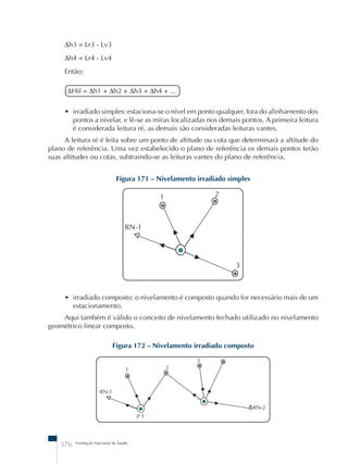 Δh3 = Lr3 - Lv3 
Δh4 = Lr4 - Lv4 
Então: 
ΔHif = Δh1 + Δh2 + Δh3 + Δh4 + ... 
• irradiado simples: estaciona-se o nível em ponto qualquer, fora do alinhamento dos 
pontos a nivelar, e lê-se as miras localizadas nos demais pontos. A primeira leitura 
é considerada leitura ré, as demais são consideradas leituras vantes. 
A leitura ré é feita sobre um ponto de altitude ou cota que determinará a altitude do 
plano de referência. Uma vez estabelecido o plano de referência os demais pontos terão 
suas altitudes ou cotas, subtraindo-se as leituras vantes do plano de referência. 
Figura 171 – Nivelamento irradiado simples 
• irradiado composto: o nivelamento é composto quando for necessário mais de um 
estacionamento. 
Aqui também é válido o conceito de nivelamento fechado utilizado no nivelamento 
geométrico linear composto. 
Figura 172 – Nivelamento irradiado composto 
376 Fundação Nacional de Saúde 
 
