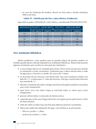 - no caso de instalação de bombas, deverá ser feita antes a devida instalação 
elétrica de força. 
Tabela 39 – Metrificação dos fios e cabos elétricos (residências) 
Equivalência prática AWG/MCM x série métrica, considerando PVC/60˚CxPVC/70˚C 
AWG/MCM PVC/600 C - EB-98 ABNT PVC/700 C - NBR-6148 ABNT 
(mm2 aprox.) Ampéres Série métrica (mm2) Ampéres 
14 2,1 15 1,5 15,5 
12 3,3 20 2,5 21 
10 5,3 30 4 28 
8 8,4 40 6 36 
6 13 55 10 50 
10.6. Instalações hidráulicas 
Muitos problemas, como quebrar piso ou paredes depois de prontos, podem ser 
evitados quando damos a devida importância às instalações hidráulicas. Abaixo relacionamos 
algumas orientações para auxiliar na execução das instalações: 
• a caixa d’água deverá ser instalada pelo menos 50cm acima da laje para facilitar 
as instalações e evitar vazamentos. Lembramos que a altura mínima entre a saída 
da água para o chuveiro e o fundo da caixa é de 1 metro; 
• se necessitar de um chuveiro com ducha forte, faça uma instalação isolada com 
tubo de 1 ½” e reduza para ¾” antes do chuveiro, visto que a maioria dos chuveiros 
tem entrada de ½” ; 
• durante a instalação dos tubos coloque uma bucha de papel ou plástico nas pontas 
para evitar entupimento; 
• após fazer rosca nos tubos limpe-as retirando todas as sobras para evitar 
entupimento; 
• procure utilizar tubos e conecções da mesma marca; 
• cada tubo que sai da caixa d’água deverá ter um registro geral a pelo menos 2,20m 
de altura do piso; 
• antes de cobrir os tubos faça um teste para detectar possíveis vazamentos. 
• alturas das saídas das tubulações de água, com referência ao piso pronto: 
- filtro na cozinha = 1,80m; 
- torneira da cozinha = 1,20m; 
402 Fundação Nacional de Saúde 
 