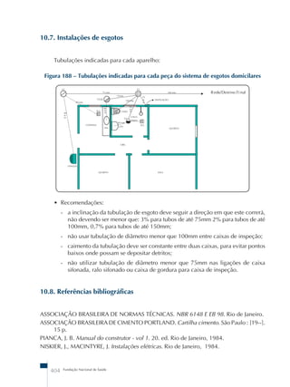 10.7. Instalações de esgotos 
Tubulações indicadas para cada aparelho: 
Figura 188 – Tubulações indicadas para cada peça do sistema de esgotos domicilares 
• Recomendações: 
- a inclinação da tubulação de esgoto deve seguir a direção em que este correrá, 
não devendo ser menor que: 3% para tubos de até 75mm 2% para tubos de até 
100mm, 0,7% para tubos de até 150mm; 
- não usar tubulação de diâmetro menor que 100mm entre caixas de inspeção; 
- caimento da tubulação deve ser constante entre duas caixas, para evitar pontos 
baixos onde possam se depositar detritos; 
- não utilizar tubulação de diâmetro menor que 75mm nas ligações de caixa 
sifonada, ralo sifonado ou caixa de gordura para caixa de inspeção. 
10.8. Referências bibliográficas 
ASSOCIAÇÃO BRASILEIRA DE NORMAS TÉCNICAS. NBR 6148 E EB 98. Rio de Janeiro. 
ASSOCIAÇÃO BRASILEIRA DE CIMENTO PORTLAND. Cartilha cimento. São Paulo : [19--]. 
15 p. 
PIANCA, J. B. Manual do construtor - vol 1. 20. ed. Rio de Janeiro, 1984. 
NISKIER, J., MACINTYRE, J. Instalações elétricas. Rio de Janeiro, 1984. 
404 Fundação Nacional de Saúde 
 