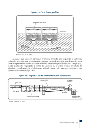 As águas que possuem partículas finamente divididas em suspensão e partículas 
coloidais, necessitam de um tratamento químico capaz de propiciar sua deposição, com 
um baixo período de detenção. Este tratamento é realizado provocando-se a coagulação, 
sendo geralmente empregado o sulfato de alumínio ou o sulfato ferroso. O sulfato de 
alumínio normalmente é o produto mais utilizado, tanto pelas suas propriedades, como 
pelo seu menor custo (figura 43). 
Manual de Saneamento – pag. 93 
Figura 42 – Corte de um pré-filtro 
Fonte: Barros, et al., 1995. 
Figura 43 – Seqüência do tratamento clássico ou convencional 
Fonte: Barros et al., 1995. 
 