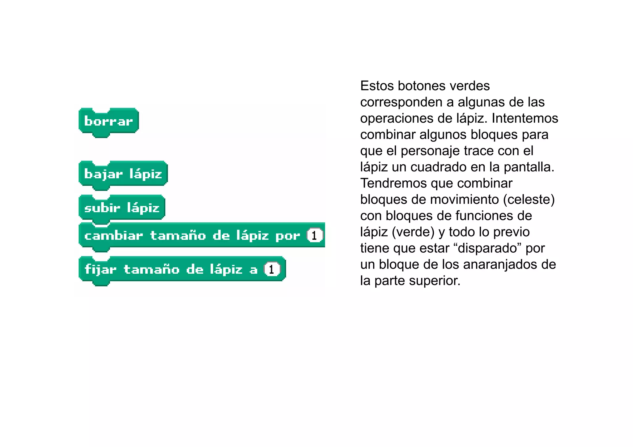 Estos botones verdes
corresponden a algunas de las
operaciones de lápiz. Intentemos
combinar algunos bloques para
que el personaje trace con el
lápiz un cuadrado en la pantalla.
Tendremos que combinar
bloques de movimiento (celeste)
con bloques de funciones de
lápiz (verde) y todo lo previo
tiene que estar “disparado” por
un bloque de los anaranjados de
la parte superior.
 