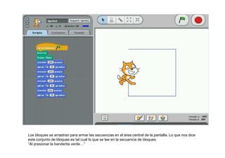 Los bloques se arrastran para armar las secuencias en el área central de la pantalla. Lo que nos dice
este conjunto de bloques es tal cual lo que se lee en la secuencia de bloques.
“Al presionar la banderita verde…”
 