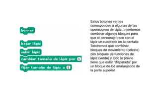 Estos botones verdes
corresponden a algunas de las
operaciones de lápiz. Intentemos
combinar algunos bloques para
que el personaje trace con el
lápiz un cuadrado en la pantalla.
Tendremos que combinar
bloques de movimiento (celeste)
con bloques de funciones de
lápiz (verde) y todo lo previo
tiene que estar “disparado” por
un bloque de los anaranjados de
la parte superior.
 