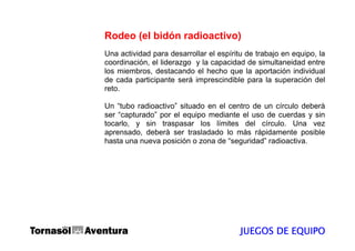 Rodeo (el bidón radioactivo)
Una actividad para desarrollar el espíritu de trabajo en equipo, la
coordinación, el liderazgo y la capacidad de simultaneidad entre
los miembros, destacando el hecho que la aportación individual
de cada participante será imprescindible para la superación del
reto.

Un “tubo radioactivo” situado en el centro de un círculo deberà
ser “capturado” por el equipo mediante el uso de cuerdas y sin
tocarlo, y sin traspasar los límites del círculo. Una vez
aprensado, deberà ser trasladado lo más rápidamente posible
hasta una nueva posición o zona de “seguridad” radioactiva.




                                         JUEGOS DE EQUIPO
 