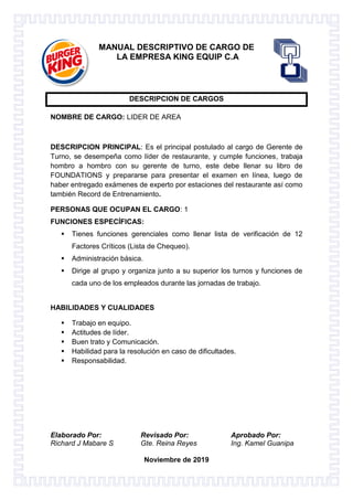 Elaborado Por: Revisado Por: Aprobado Por:
Richard J Mabare S Gte. Reina Reyes Ing. Kamel Guanipa
Noviembre de 2019
MANUAL DESCRIPTIVO DE CARGO DE
LA EMPRESA KING EQUIP C.A
DESCRIPCION DE CARGOS
NOMBRE DE CARGO: LIDER DE AREA
DESCRIPCION PRINCIPAL: Es el principal postulado al cargo de Gerente de
Turno, se desempeña como líder de restaurante, y cumple funciones, trabaja
hombro a hombro con su gerente de turno, este debe llenar su libro de
FOUNDATIONS y prepararse para presentar el examen en línea, luego de
haber entregado exámenes de experto por estaciones del restaurante así como
también Record de Entrenamiento.
PERSONAS QUE OCUPAN EL CARGO: 1
FUNCIONES ESPECÍFICAS:
 Tienes funciones gerenciales como llenar lista de verificación de 12
Factores Críticos (Lista de Chequeo).
 Administración básica.
 Dirige al grupo y organiza junto a su superior los turnos y funciones de
cada uno de los empleados durante las jornadas de trabajo.
HABILIDADES Y CUALIDADES
 Trabajo en equipo.
 Actitudes de líder.
 Buen trato y Comunicación.
 Habilidad para la resolución en caso de dificultades.
 Responsabilidad.
 