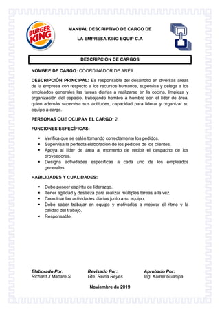 Elaborado Por: Revisado Por: Aprobado Por:
Richard J Mabare S Gte. Reina Reyes Ing. Kamel Guanipa
Noviembre de 2019
MANUAL DESCRIPTIVO DE CARGO DE
LA EMPRESA KING EQUIP C.A
DESCRIPCION DE CARGOS
NOMBRE DE CARGO: COORDINADOR DE AREA
DESCRIPCIÓN PRINCIPAL: Es responsable del desarrollo en diversas áreas
de la empresa con respecto a los recursos humanos, supervisa y delega a los
empleados generales las tareas diarias a realizarse en la cocina, limpieza y
organización del espacio, trabajando hombro a hombro con el líder de área,
quien además supervisa sus actitudes, capacidad para liderar y organizar su
equipo a cargo.
PERSONAS QUE OCUPAN EL CARGO: 2
FUNCIONES ESPECÍFICAS:
 Verifica que se estén tomando correctamente los pedidos.
 Supervisa la perfecta elaboración de los pedidos de los clientes.
 Apoya al líder de área al momento de recibir el despacho de los
proveedores.
 Designa actividades específicas a cada uno de los empleados
generales.
HABILIDADES Y CUALIDADES:
 Debe poseer espíritu de liderazgo.
 Tener agilidad y destreza para realizar múltiples tareas a la vez.
 Coordinar las actividades diarias junto a su equipo.
 Debe saber trabajar en equipo y motivarlos a mejorar el ritmo y la
calidad del trabajo.
 Responsable.
 