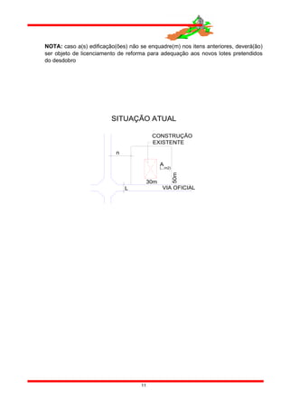 NOTA: caso a(s) edificação(ões) não se enquadre(m) nos itens anteriores, deverá(ão)
ser objeto de licenciamento de reforma para adequação aos novos lotes pretendidos
do desdobro
SITUAÇÃO ATUAL
CONSTRUÇÃO
EXISTENTE
VIA OFICIAL
50m
A
n
L
(...m2)
30m
11
 