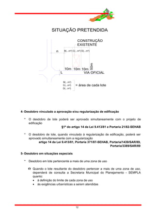 SITUAÇÃO PRETENDIDA
CONSTRUÇÃO
EXISTENTE
VIA OFICIAL
50m
n
L
10m 10m10m
B(...m²) C(...m²) D(...m²)
B(...m²)
C(...m²)
D(...m²)
= área de cada lote
4- Desdobro vinculado a aprovação e/ou regularização de edificação
 O desdobro de lote poderá ser aprovado simultaneamente com o projeto de
edificação
§1º do artigo 14 da Lei 9.413/81 e Portaria 21/82-SEHAB
 O desdobro de lote, quando vinculado à regularização de edificação, poderá ser
aprovado simultaneamente com a regularização
artigo 14 da Lei 9.413/81, Portaria 371/87-SEHAB, Portaria/1439/SAR/89,
Portaria/3389/SAR/89
5- Desdobro em situações especiais
 Desdobro em lote pertencente a mais de uma zona de uso
 Quando o lote resultante do desdobro pertencer a mais de uma zona de uso,
dependerá de consulta a Secretaria Municipal do Planejamento - SEMPLA
quanto:
• à definição do limite de cada zona de uso
• às exigências urbanísticas a serem atendidas
12
 