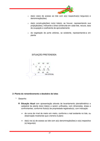 o da(s) via(s) de acesso ao lote com a(s) respectiva(s) largura(s) e
denominação(ões)
o da(s) construção(ões) no(s) lote(s), se houver, representando sua
projeção(ões), indicando a área construída em cada lote, recuos, taxa
de ocupação e coeficiente de aproveitamento
o da vegetação de porte arbóreo, se existente, representando-a em
planta
L
n
C
d1
VIA OFICIAL
SITUAÇÃO PRETENDIDA
(...m2)
B D
d2 d3
(...m2) (...m2)
b3b2b1
a e f c
2- Planta do remembramento e desdobro de lotes
 Desenho
 Situação Atual com apresentação através de levantamento planialtimétrico e
cadastral da planta do(s) lote(s) a serem unificados, com dimensões, áreas e
confrontantes, conforme título(s) de propriedade registrado(s), com indicação:
• de curva de nível de metro em metro, conforme o real existente no lote, ou
observação mostrando que o terreno é plano
• da(s) via (s) de acesso ao lote com a(s) denominação(ões) e a(s) respectiva
(s) largura(s)
27
 