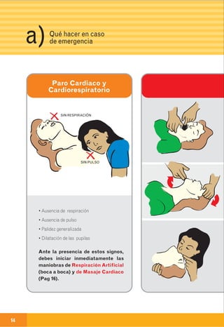 14 15
• Ausencia de respiración
• Ausencia de pulso
• Palidez generalizada
• Dilatación de las pupilas
Ante la presencia de estos signos,
debes iniciar inmediatamente las
maniobras de Respiración Artificial
(boca a boca) y de Masaje Cardiaco
(Pag 16).
1 paso:
Con un dedo saca rápidamente cualquier cosa
que esté atorada en la boca o en la garganta,
luego hala la lengua hacia adelante.
Si hay moco en la garganta trata de sacarlo
rápidamente.
3 paso:
Tapa la nariz de la víctima con tus dedos,
ábrele bien la boca y tápala completamente
con la tuya. Sopla con fuerza dos veces hasta inflar
los pulmones, deja que salga el aire y repite
el procedimiento cada 5 segundos.
Para niños pequeños se debe hacer cada 3 segundos.
2 paso:
Suavemente acuesta a la persona boca arriba.
Dóblale la cabeza hacia atrás con cuidado
y hala su quijada hacia adelante.
3Guía de primeros auxilios
y teléfonos de emergencia.
Qué hacer en caso
de emergenciaa)
SIN RESPIRACIÓN
SIN PULSO
Continua dándole respiración
boca a boca hasta que
la persona pueda respirar
sola, o hasta que no quede
ninguna duda de que esté
muerta.Ten en cuenta
que a veces hay que seguir
tratando por más de una hora.
Recuerda poner a la víctima
de lado una vez recupere la
consciencia para evitar
ahogo. Si sospechas traumas
fuertes en la columna, ten
mucho cuidado y no muevas
al paciente sin inmovilizarlo.
Una vez consideres
que la persona se encuentra
estable revisa otras posibles
lesiones, como quemaduras
de mayor grado, fracturas,
hemorragias, etc.
Paro Cardiaco y
Cardiorespiratorio
Respiración Artificial
 