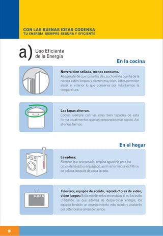 18 19
Nevera bien sellada, menos consumo.
Asegúrate de que los sellos de caucho en la puerta de la
nevera estén limpios y cierren muy bien, éstos permiten
aislar el interior lo que conserva por más tiempo la
temperatura.
En la cocina
En iluminación
En el hogar
Televisor, equipos de sonido, reproductores de video,
video juegos: Evita mantenerlos encendidos si no los estás
utilizando, ya que además de desperdiciar energía, los
equipos tendrán un envejecimiento más rápido y acabarán
por deteriorarse antes de tiempo.
Lavadora:
Siempre que sea posible, emplea agua fría para los
ciclos de lavado y enjuagado, así mismo limpia los filtros
de pelusa después de cada lavada.
Buenas ideas
CODENSA.
Uso Eficiente
de la Energíaa)
CON LAS BUENAS IDEAS CODENSA
TU ENERGÍA SIEMPRE SEGURA Y EFICIENTE
4
SLEEP 30
Las tapas ahorran.
Cocina siempre con las ollas bien tapadas de esta
forma los alimentos quedan preparados más rápido. Así
ahorras tiempo.
Instala bombillos ahorradores.
Ahorran hasta un 80% de energía.
Utiliza colores claros en los interiores.
Decora tus espacios con tonos claros, las paredes
blancas reflejan la luz, de esta manera se multiplica
el efecto de los bombillos.
Apaga las luces al salir.
Puedes instalar temporizadores para programar
algunas luces.
Calentador eléctrico 18 a 20
Secadora de pelo 15 a 18
Aspiradora 13 a 14
Plancha 10 a 12
Estufa eléctrica 10 a 11
Horno tostador 7 a 12
Horno de microondas 7 a 10
Cafetera 6 a 10
Tostadora de pan 7 a 8
Olla arrocera 5 a 7
Lavadora 4 a 7
Brilladora 6
Licuadora 3 a 6
Batidora 1 a 2
Televisor 1 a 2
Computador 1 a 2
Una hora
de uso de:
Nota: El consumo de los televisores y demás electrodomésticos enunciados dependen de su tamaño.
Los aparatos eléctricos que usas en tu hogar consumen diferentes cantidades de
energía. Aprende a usarlos correctamente para que no la desperdicies.
Equivale a:
( bombillos de 100W )
Una hora
de uso de:
Equivale a:
( bombillos de 100W )
 