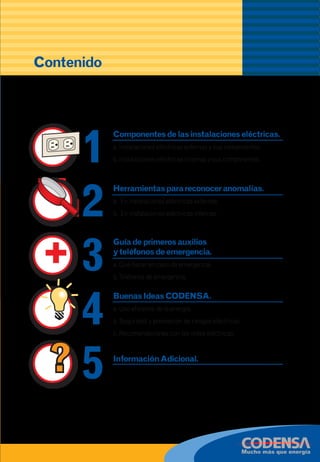2
Conoce más de la energía,
aprovéchala y disfrútala
de la manera más eficiente y segura.
Contenido
Componentesdelasinstalacioneseléctricas.
a. Instalaciones eléctricas externas y sus componentes.
b. Instalaciones eléctricas internas y sus componentes.
Herramientasparareconoceranomalías.
a. En instalaciones eléctricas externas.
b. En instalaciones eléctricas internas.
Guíadeprimerosauxilios
yteléfonosdeemergencia.
a. Qué hacer en caso de emergencia.
b.Teléfonos de emergencia.
BuenasIdeasCODENSA.
a. Uso eficiente de la energía.
b. Seguridad y prevención de riesgos eléctricos.
c. Recomendaciones con las redes eléctricas.
InformaciónAdicional.
1
2
3
4
5Para tu seguridad y la de tu familia es importante conocer más de tus
instalaciones eléctricas, saber como prevenir accidentes, utilizar la energía
eficientemente y aprender a actuar en casos de emergencia. Entérate de estos
y muchos más consejos en esta guía de seguridad que diseñamos para ti.
 