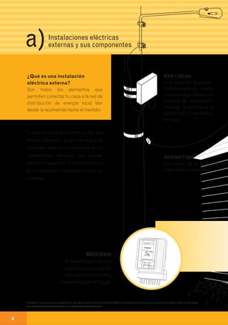 Cuando se trata de prevenir no hay que
ahorrar esfuerzos. Es por eso que si se
presentan fallas en los elementos de tus
instalaciones eléctricas que puedan
afectar tu seguridad, la de tu familia y la
de tus vecinos es importante corregirlas
a tiempo.
¿Qué es una instalación
eléctrica externa?
Son todos los elementos que
permiten conectar tu casa a la red de
distribución de energía local. Van
desde la acometida hasta el medidor.
DUCTO
Tubo galvanizado por donde
ingresa el cable de acometida a
la caja del medidor.
PARCIAL
Instalación
eléctrica
que conecta
el medidor
a la caja de
distribución
interna (caja
de tacos).
RED LOCAL
Es el conjunto de postes,
transformadores, cables
y equipos que integran el
sistema de distribución
llevando la energía a la
acometida y finalmente a
tu hogar.
INTERRUPTOR
TERMOMAGNÉTICO
Es un elemento indispen-
sable que protege el
hogar de las sobrecargas
de energía producidas en
las instalaciones eléctri-
cas internas, debido a
cortos circuitos en la
misma.
MEDIDOR
Elemento que lleva el
conteo preciso de los
kilovatios hora (kWh)
consumidos en el hogar.
4 5
Componentes
de las instalaciones
eléctricas.
Instalaciones eléctricas
externas y sus componentesa) 1
ACOMETIDA
Derivación de la red local que
llega hasta el inmueble*.
CAJA
DE MEDIDOR
Elemento
de protección
en donde se instala
el medidor
y el interruptor
termomagnético.
PUESTA ATIERRA
Varilla de cobre instalada para canalizar las descargas de energía eléctrica.
Este es el elemento principal de protección.*Derivación de la red local del servicio respectivo,que llega hasta el registro de corte del inmueble.En edificios de propiedad horizontal o condominios,la acometida llega hasta el registro de corte general.
DEFINICIÓNTOMADA DEL REGLAMENTOTÉCNICO DE INSTALACIONES ELÉCTRICAS (RETIE)
Fase
Neutro
 