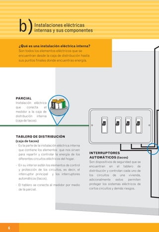 PARCIAL
Instalación eléctrica
que conecta el
medidor a la caja de
distribución interna
(caja de tacos).
6 7
PORTALÁMPARAS (rosetas)
Son dispositivos diseñados
especialmente para poner bombillos
y otro tipo de aparatos de
iluminación, como lámparas, luces
halógenas, entre otros.
¿Qué es una instalación eléctrica interna?
Son todos los elementos eléctricos que se
encuentran desde la caja de distribución hasta
sus puntos finales donde encuentras energía.
TABLERO DE DISTRIBUCIÓN
(caja de tacos)
· Es la parte de la instalación eléctrica interna
que contiene los elementos que nos sirven
para repartir y controlar la energía de los
diferentes circuitos eléctricos del hogar.
· En su interior están los elementos de control
y protección de los circuitos, es decir, el
interruptor principal y los interruptores
automáticos (tacos).
· El tablero se conecta al medidor por medio
de la parcial.
INTERRUPTORES
AUTOMÁTICOS (tacos)
Son dispositivos de seguridad que se
encuentran en el tablero de
distribución y controlan cada uno de
los circuitos de una vivienda,
adicionalmente estos permiten
proteger los sistemas eléctricos de
cortos circuitos y demás riesgos.
TOMACORRIENTES (enchufes)
Son dispositivos que tienen como
función alimentar con corriente
eléctrica aparatos eléctricos.
INTERRUPTORES
DE LUZ
Los interruptores son
dispositivos que sirven
para encender y apagar
los bombillos.
CIRCUITO ELÉCTRICO
Conjunto de elementos, dispositivos, cables y
equipos eléctricos que salen del tablero de
distribución hacia las diferentes partes del hogar
suministrándoles energía. Los circuitos terminan
en los tomacorrientes (enchufes), portalámparas
(rosetas) e interruptores de luz.
Componentes
de las instalaciones
eléctricas.
Instalaciones eléctricas
internas y sus componentesb) 1
Fase
Neutro
 
