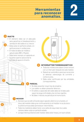 Debes tener en cuenta las
siguientes recomendaciones
para que tus instalaciones
no presenten problemas
ni riesgos eléctricos.
ACOMETIDA
• La altura mínima permitida en el cruce de vías con tráfico pesado es
cinco punto cinco metros (5.5 m). En vías residenciales sin tráfico de
vehículos de carga es tres punto seis metros (3.6 m).
• El cable de la acometida debe estar en buen estado, es decir no debe
presentar deterioro ni empalmes.
• El calibre o capacidad del cable debe ser el adecuado según la carga
contratada y las normas vigentes.
• Debe haber una sola acometida por predio.
DUCTO
• El diámetro debe ser el adecuado
para garantizar el desplazamiento y
ventilación del cable en su interior.
• Debe estar en perfecto estado, sin
perforaciones ni oxidaciones.
• El material debe ser metálico
galvanizado (IMC o Rígido).
• Debe tener siempre un capacete en
la parte superior para evitar la
entrada de agua en el ducto.
PARCIAL
• No debe presentar ningún tipo de empalme.
• Los cables no deben presentar deterioro.
• El calibre o capacidad del cable debe ser el adecuado
según la carga contratada y las normas vigentes.
• No debe ir más de una parcial por el mismo ducto.
INTERRUPTORTERMOMAGNÉTICO
• Todas las instalaciones deben contar siempre
con un interruptor después de cada medidor.
• Deberá ser automático para que se accione
al detectar sobrecargas de corriente y
cortocircuitos.
• Debe estar certificado por las entidades
correspondientes.
6
6
1
2
3
4
4
2
1
CAJA
• El fondo de la caja para el medidor debe ser metálico ya que la madera
y otros materiales se deterioran con facilidad.
• La pintura utilizada debe ser electrostática.
• El visor ubicado en la tapa de la caja debe estar limpio y en buen estado
para permitir la lectura del medidor.
• Debe estar en perfecto estado de conservación, sin óxido ni deterioro.
• Debe garantizar que no ingrese agua a su interior.
• Debe estar certificada por las entidades correspondientes.
5
PUESTA ATIERRA
• Debe contar con todos sus elementos, varilla, alambre, ducto
y conector, para asegurar una adecuada protección.
• Todas las instalaciones deben contar con este tipo de protección.
• Debe estar en perfecto estado y no corroída por la acidez de la tierra.
• La longitud de la varilla de puesta a tierra debe tener como mínimo 2.44 m.
• El alambre no debe presentar empalmes.
MEDIDOR
• Siempre que se esté utilizando algún aparato eléctrico en el predio, el
disco del medidor debe girar continuamente (si el medidor no es de disco
la señal luminosa debe permanecer intermitente).
• Todos los medidores deben tener unos sellos de seguridad, los cuales
siempre deben estar en perfecto estado.
• La tapa interna protectora del medidor debe estar limpia y en buen estado.
7
3
8 9
En instalaciones
eléctricas externasa) 2
7
5
Herramientas
para reconocer
anomalías.
 