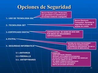1.- USO DE TECNOLOGIA SSL 2.- TECNOLOGIA SET 3.-CERTIFICADO DIGITAL 4.-PAYPAL 5.- SEGURIDAD INFORMATICA 5.1.-ANTIVIRUS 5.2.-FIREWALLS 5.3.- ANTISPYWARES Opciones de Seguridad Secure Socket Layer. Protocolos que garantizan la autenticación y privacidad mediante criptografía  Secure Electronic Transaction. Garantiza la seguridad en el uso de tarjetas de crédito  CERTIFICACION  DE QUIEN SE DICE SER POR MEDIO DE ORGANISMOS CERTIFICADORES SISTEMA DE PAGO POR INTERNET.  -GESTION DE TRANSACCIONES ECONÓMICAS ASEGURADAS. NO ASI LA CIRCULACION DE MERCANCIAS CONSEJOS:  -USAR SOFTWARE ORIGINAL -REVISAR LOS ELEMENTOS EXTERIORES -NO BAJAR SOFTWARE DE INTERNET SIN VERIFICAR QUE ESTAN LIBRES DE VIRUS -NO ABRIR CORREOS DESCONOCIDOS -UTILIZAR COPIAS DE SEGURIDAD  -INSTALAR UN BUEN ANTIVIRUS 