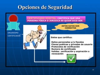 Opciones de Seguridad CERTIFICADO DIGITAL ,  CERTIFICA QUE UNA PERSONA FÍSICA O JURIDICA ES QUIEN DICE SER Datos que certifica:  Datos personales y/o fiscales Claves publicas y privadas de usuario Protocolos de verificación Numero de certificado Validez  verificación y expiración o revocación ORGANISMO  CERTIFICADOR ESTOS DATOS SON CORRECTOS 