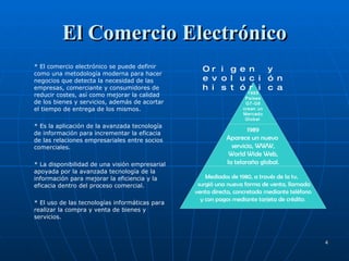 El Comercio Electrónico * El comercio electrónico se puede definir como una metodología moderna para hacer negocios que detecta la necesidad de las empresas, comerciante y consumidores de reducir costes, así como mejorar la calidad de los bienes y servicios, además de acortar el tiempo de entrega de los mismos. * Es la aplicación de la avanzada tecnología de información para incrementar la eficacia de las relaciones empresariales entre socios comerciales. * La disponibilidad de una visión empresarial apoyada por la avanzada tecnología de la información para mejorar la eficiencia y la eficacia dentro del proceso comercial. * El uso de las tecnologías informáticas para realizar la compra y venta de bienes y servicios. Origen y evolución histórica 1995 Países G7-G8 crean un Mercado Global   1989 Aparece un nuevo  servicio, WWW, World Wide Web, la telaraña global . Mediados de 1980, a través de la tv,  surgió una nueva forma de venta, llamada venta directa, concretada mediante teléfono y con pagos mediante tarjeta de crédito . 