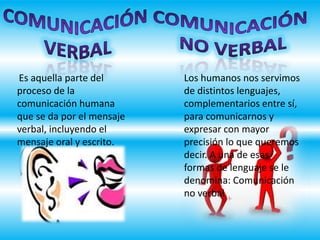Los humanos nos servimos
de distintos lenguajes,
complementarios entre sí,
para comunicarnos y
expresar con mayor
precisión lo que queremos
decir. A una de esas
formas de lenguaje se le
denomina: Comunicación
no verbal
Es aquella parte del
proceso de la
comunicación humana
que se da por el mensaje
verbal, incluyendo el
mensaje oral y escrito.
 