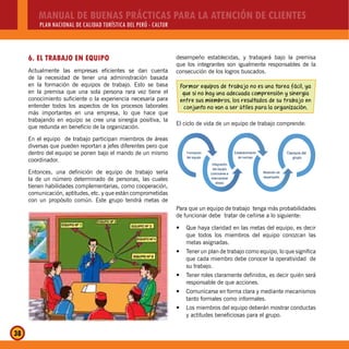 MANUAL DE BUENAS PRÁCTICAS PARA LA ATENCIÓN DE CLIENTES
PLAN NACIONAL DE CALIDAD TURÍSTICA DEL PERÚ - CALTUR
38
6. EL TRABAJO EN EQUIPO
Actualmente las empresas eficientes se dan cuenta
de la necesidad de tener una administración basada
en la formación de equipos de trabajo. Esto se basa
en la premisa que una sola persona rara vez tiene el
conocimiento suficiente o la experiencia necesaria para
entender todos los aspectos de los procesos laborales
más importantes en una empresa, lo que hace que
trabajando en equipo se cree una sinergia positiva, la
que redunda en beneficio de la organización.
En el equipo de trabajo participan miembros de áreas
diversas que pueden reportan a jefes diferentes pero que
dentro del equipo se ponen bajo el mando de un mismo
coordinador.
Entonces, una definición de equipo de trabajo sería
la de un número determinado de personas, las cuales
tienen habilidades complementarias, como cooperación,
comunicación, aptitudes, etc. y que están comprometidas
con un propósito común. Este grupo tendrá metas de
desempeño establecidas, y trabajará bajo la premisa
que los integrantes son igualmente responsables de la
consecución de los logros buscados.
Formar equipos de trabajo no es una tarea fácil, ya
que si no hay una adecuada comprensión y sinergia
entre sus miembros, los resultados de su trabajo en
conjunto no van a ser útiles para la organización.
El ciclo de vida de un equipo de trabajo comprende:
Formación
del equipo
Establecimiento
de normas
Medición de
desempeño
Clausura del
grupo
Integración
del equipo
(conocerse e
intercambiar
ideas)
Para que un equipo de trabajo tenga más probabilidades
de funcionar debe tratar de ceñirse a lo siguiente:
Que haya claridad en las metas del equipo, es deciry
que todos los miembros del equipo conozcan las
metas asignadas.
Tener un plan de trabajo como equipo, lo que significay
que cada miembro debe conocer la operatividad de
su trabajo.
Tener roles claramente definidos, es decir quién seráy
responsable de que acciones.
Comunicarse en forma clara y mediante mecanismosy
tanto formales como informales.
Los miembros del equipo deberán mostrar conductasy
y actitudes beneficiosas para el grupo.
 