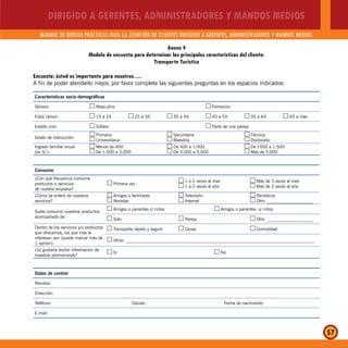 DIRIGIDO A GERENTES, ADMINISTRADORES Y MANDOS MEDIOS
MANUAL DE BUENAS PRÁCTICAS PARA LA ATENCIÓN DE CLIENTES DIRIGIDO A GERENTES, ADMINISTRADORES Y MANDOS MEDIOS
57
Encuesta: ústed es importante para nosotros….
A fin de poder atenderlo mejor, por favor complete las siguientes preguntas en los espacios indicados:
Características socio-demográficas
Género: Masculino…… Femenino……
Edad (años): 15 a 24…… 25 a 34…… 35 a 44…… 45 a 54…… 55 a 64…… 65 a más……
Estado civil: Soltero…… Parte de una pareja……
Grado de instrucción:
Primaria……
Universitaria……
Secundaria……
Maestría……
Técnica……
Doctorado……
Ingreso familiar anual
(en S/.):
Menos de 400……
De 1,500 a 3,000……
De 400 a 1,000……
De 3,000 a 5,000……
De 1000 a 1,500……
Más de 5,000……
Consumo
¿Con qué frecuencia consume
productos o servicios
de nuestra empresa?
Primera vez…… 1 a 2 veces al mes……
1 a 2 veces al año……
Más de 3 veces al mes……
Más de 3 veces al año……
¿Cómo se enteró de nuestros
servicios?
Amigos o familiares……
Revistas……
Televisión……
Internet……
Periódicos……
Otro: _____________________……
Suele consumir nuestros productos
acompañado de:
Amigos o parientes c/ niños…… Amigos o parientes s/ niños……
Solo…… Pareja…… Otro: _____________________……
Dentro de los servicios y/o productos
que ofrecemos, los que más le
interesan son (puede marcar más de
1 opción):
Transporte rápido y seguro…… Cenas…… Comodidad……
Otros: ______________________________________________________________________________________……
¿Le gustaría recibir información de
nuestras promociones?
Si…… No……
Datos de control
Nombre:
Dirección:
Teléfono: Celular: Fecha de nacimiento:
E-mail:
Anexo 4
Modelo de encuesta para determinar las principales características del cliente:
Transporte Turístico
 
