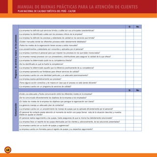 MANUAL DE BUENAS PRÁCTICAS PARA LA ATENCIÓN DE CLIENTES
PLAN NACIONAL DE CALIDAD TURÍSTICA DEL PERÚ - CALTUR
68
Programadeservicioymejoraenlosprocesos
Si No
¿La empresa ha definido qué servicios brinda y cuáles son sus principales características?
¿La empresa ha identificado cuáles son los procesos críticos de la empresa?
¿La empresa ha definido los procesos y estándares de calidad en los servicios que brinda?
¿Existen manuales donde los diferentes procesos estén debidamente detallados?
¿Todos los niveles de la organización tienen acceso a estos manuales?
¿Los procedimientos y estándares son conocidos y aplicados por el personal?
¿La empresa incentiva al personal para que mejoren los procesos en los que están involucrados?
¿La empresa maneja procesos con sus proveedores y distribuidores para asegurar la calidad de lo que ofrece?
¿La empresa ha determinado quién es su competencia directa?
¿Se ha identificado en qué es fuerte la competencia?
¿La empresa ha determinado aquello que la diferencia positivamente de su competencia?
¿La empresa aprovecha sus fortalezas para ofrecer servicios de calidad?
¿La empresa cuenta con una identidad particular y un adecuado posicionamiento?
¿La empresa evalúa periódicamente sus procesos?
¿Toma alguna acción correctiva y de mejora en caso que el proceso no esté siendo eficiente?
¿La empresa cuenta con un programa de servicios de calidad?
Comunicación
Si No
¿Existe una adecuada y fluida comunicación entre los diferentes niveles en la empresa?
¿Se ha comunicado eficientemente los objetivos de la empresa a los empleados?
¿En todos los niveles de la empresa los objetivos que persigue la organización son claros?
¿La gerencia maneja un adecuado plan de contactos?
¿La empresa cuenta con un procedimiento de manejo de quejas que es aplicado eficientemente por el personal?
¿El personal de contacto presta atención al momento de recibir una queja (tomar nota de la situación descrita) y muestra
interés en ayudar al cliente?
¿El personal realiza seguimiento a las quejas, hasta asegurarse de que la misma fue debidamente solucionada?
¿La empresa lleva un reporte de las quejas efectuadas por los clientes y, adicionalmente, de las soluciones presentadas?
¿La empresa cuenta con un buzón de quejas y sugerencias?
La empresa cuenta con formatos para el registro de quejas y su respectivo seguimiento?
 