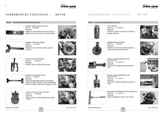 Notas de entrenamiento XCD 125 DTS-Si Notas de entrenamiento XCD 125 DTS-Si
3
H E R R A M I E N T A S E S P E C I A L E S - M O T O R H E R R A M I E N T A S E S P E C I A L E S - M O T O R
Motor - Herramientas Especiales Exclusivas Motor - Otras herramientas especiales comunes
Sujetador Rueda Dentada de la Leva
Part No. : F41AJA08
Aplicación:
Sostener la rueda dentada durante la remoción /
Reposicionar el perno allen de la rueda dentada.
Llave de Bujías
Parte No. : 37 1040 51
Aplicación :
Remover y colocar las bujías de los lados de
escape y admisión.
Sujetador de Rotor de Magneto
Parte No. : F41AJA09
Aplicación :
Sostener el rotor mientras se afloja o aprieta
su tuerca.
AjustadorToleranciadeVálvulas
Parte No. : 37103153
Aplicación :
Sostener el tornillo de la válvula mientras se
ajusta la tolerancia de las válvulas.
Extractor de Rotor de Magneto
Parte No. : F41AJA10
Aplicación :
Extraer el rotor del conjunto del cigüeñal.
Extractor del Rodamiento Mayor del
Árbol de Levas
Parte No. : 37 10DH 32
Aplicación :
Remover el rodamiento grande del árbol de
levas.
Sujetador de Engranaje Primario
Parte No. : F41AJA11
Aplicación :
Sujetar los engranajes primario y secuendario
mentras se afloja o aprieta la tuerca del engranaje
primario y la tuerca especial que asegura el clutch.
Extractor del Rodamiento Menor del
Árbol de Levas
Parte No. : 37 10DH 31
Aplicación :
Remover el rodamiento pequeño del árbol de
levas.
.
Llave de Cubo para Tuerca del Clutch
Parte No. : F41ZJA54
Aplicación :
Aflojar o apretar la tuerca especial que asegura
el clutch.
Desmontador del Pasador del Eje de Balancines
Parte No. : 37 10CS 22
Aplicación :
Retirar el pasador del balancín de la culata.
42 43
 