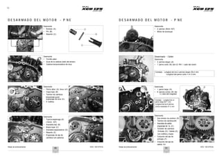 Notas de entrenamiento XCD 125 DTS-Si Notas de entrenamiento XCD 125 DTS-Si
12
D E S A R M A D O D E L M O T O R - P N E D E S A R M A D O D E L M O T O R - P N E
Desmonte
• Émbolo (A)
• Pin (B)
• Resorte (C)
C
B
Desmonte
• 2 pernos (8mm A/F)
• Motor de arranque
A
Desmonte
• Tornillo allen
• Guía de la cadena (lado del tensor)
• Cadena temporizadora de leva
A
Desarmado - Cárter
Desmonte
• 2 pernos largos (A)
• 1 perno corto (B) del LD RH / Lado del clutch
B
Consejo: Longitud de los 2 pernos largos 90.4 mm
Longitud del perno corto = 41.3 mm
A
B
Desmonte
• Perno allen (A) (5mm A/F)
• Copa tope (B)
• Tambor de cambios
(engranaje guía)
engranaje de leva (C)
• 5 rodillos
C
A
Desmonte
• 1 perno largo (A)
• 6 pernos cortos (B) del
LI, lado del magneto
Consejo : Longitud de un
perno largo 60.7 mm
Longitud de los 6 pernos
cortos restantes 41.3 mm
B
C
B
A
Desmonte
• Tuerca espárrago (A)
(10mm A/F)
• Arandela lisa (B)
• Brazo tope (C)
• Arandela espaciadora (D)
• Resorte (E)
• Engranaje de eje de
cambios con palanca
D
E
A
B
C
Desmonte
• Ejes tenedor de cambios (A)
• Tambor de cambios(B)
• Arandela de salida
engranaje de 1a. (C)
• Tenedor de cambios
Entrada (D) / Salida (E)
con rodillos y bujes
• Conjunto del eje de
entrada (F)
• Conjunto del eje de
salida (G)
F
D
E
G
60 61
 