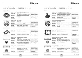 Notas de entrenamiento XCD 125 DTS-Si Notas de entrenamiento XCD 125 DTS-Si
19
I D E N T I F I C A C I Ó N D E P A R T E S - M O T O R I D E N T I F I C A C I Ó N D E P A R T E S - M O T O R
XCD 125 DTS-Si
Nombre de Parte
No. de Parte
Descripción
Arandela especial para sprocket de leva
JA 5112 18
Actual : Marca ‘O’ en sprocket de leva. Perno y
arandela especial modificados son integrales
Modified : Special washer & bolt are
Por favor señale en la caja
después de la confirmación
PLATINA
Nombre de Parte
No. de Parte
Descripción
Perno de sprocket de leva con arandela
DU101066 (Arandela especial) DU101096 (Perno Allen)
El perno y la arandela especial modificados
son integrales uno con otra. La arandela no
Por favor señale en la caja
después de la confirmación
Marca de
Identificación
uno con otra
Visual. Color verde en la cara.
Toque y Sienta
Chequeado
Marca de
Identificación
modificada tiene una marca en ‘O’
Modificada : Visual
No modificada : Tiene un DE de 7.8 mm.
Entienda la Diferencia
Chequeado
y Medido
ID
Nombre de Parte
No. de Parte
Descripción
Piñón del árbol
J A 5112 17
La identific es menor, de 15.0 mm.
Número de dientes, 30‘T’.
Por favor señale en la caja
después de la confirmación
DI
Nombre de Parte
No. de Parte
Descripción
Piñón del árbol de levas
DU 1010 56
El DI es mayor de 17.0 mm. Número
de dientes 28 ‘T’.
Por favor señale en la caja
después de la confirmación
Toque y Sienta Entienda la Diferencia
DI. = 15 MM
Marca de
Identificación
Marca ‘T’ grabada arriba y 2 líneas
horizontales para temporizar válvulas Chequeado
DI = 17 MM
Marca de
Identificación
Marca ‘I’ grabada arriba para temporizar
válvulas Chequeado
Nombre de Parte
No. de Parte
Descripción
Empaque de la culata
JA 5110 06
El empaque es de color azul
Por favor señale en la caja
después de la confirmación
Nombre de Parte
No. de Parte
Descripción
Empaque de la culata
DD 1013 43
El empaque es de color negro
Por favor señale en la caja
después de la confirmación
Toque y Sienta
Marca de
Entienda la Diferencia
Marca de
Identificación Sin muesca en la cavidad de la cadena
Chequeado Identificación Muesca en la cavidad de la cadena Chequeado
y Medido
L = 98 mm
Nombre de Parte
No. de Parte
Descripción
Pernos de la culata - Pequeños
59 0400 38
Menor en longitud, que es de 98.0 mm. A/F
el ancho de la cabeza del perno es8.0 mm.
Por favor señale en la caja
después de la confirmación
L = 100 mm
Nombre de Parte
No. de Parte
Descripción
Pernos de la culata - Pequeños
DD 1013 47
De longitud mayor, que es de 100.0 mm.
A/F ancho de cabeza del perno 10.0 mm.
Por favor señale en la caja
después de la confirmación
Marca de
Torque de apriete 0.9 ~ 1.1 Kgm.
Punto de color verde en la cara superior de la
Toque y Sienta
Marca de
Torque de apriete 0.9 ~ 1.1 Kgm Entienda la Diferencia
Identificación de la cabeza del perno. Llave requerida 8 mm
Chequeado Identificación
Llave requerida 10.0 mm. Chequeado
y Medido
L = 195 mm
Nombre de Parte
No. de Parte
Descripción
Pernos largos de la culata
JA 5110 08
Menor longitud, es de 195.0 mm.
Torque de apriete es 2.2 ~ 2.5 Kgm
Por favor señale en la caja
después de la confirmación
L = 200 mm
Nombre de Parte
No. de Parte
Descripción
Pernos de la culata - largos
DD 1013 49
De mayor longitud, que es de 200.0 mm.
Por favor señale en la caja
después de la confirmación
Torque de apriete, 2.0 ~ 2.4 Kgm Entienda la Diferencia
Marca de
Identificación
Punto de color verde en la cara superior
de la cabeza del perno Chequeado
Marca de
Identificación
Sin punto de pintura Chequeado
y Medido
74 75
Toque y Sienta
 