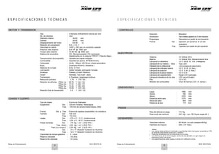 Notas de Entrenamiento XCD 125 DTS-Si Notas de Entrenamiento XCD 125 DTS-Si
4
E S P E C I F I C A C I O N E S T É C N I C A S E S P E C I F I C A C I O N E S T É C N I C A S
MOTOR Y TRANSMISIÓN
Tipo : 4 tiempos, enfriamiento natural por aire
No. de cilindros : Uno
Diámetro interior : 54.00 mm
Carrera : 54.40 mm
Desplazamiento del motor : 124.58 cc
Relación de compresión : 9.5 + 0.5: 1
Velocidad en ralenti : 1400 + 100 rpm en condición caliente
Potencia neta máxima : 9.4 HP @ 7000 rpm
CONTROLES
Dirección : Manubrio
Acelerador : Tipomanillar giratorio al LD del manubrio
Engranajes : Operados por pedal de pie izquierdo
Frenos Del. : Operado por palanca al LD del
manubrio
Tras. : Operado por pedal de pie izquierdo
Torque neto máximo : 10.85 Nm @ 5000 rpm
Sistema de encendido : CD, Microprocesador CDI controlado
digitalmente con el sistema“TRICS” ( Patente Bajaj )
Temporización de encendido : Variablecon mapas múltiples
Combustible : Gasolina sin plomo, 87RONmínimo,
Carburador : UCAL - Mikuni VM 16con choke automático.
Bujía : Champion RG4HC ( Resistiva )
Abertura de la bujía : 0.6 a 0.7mm
Lubricación : Cárter húmedo, lubricación forzada
Arranque : Patada y Clutch Eléctrico,
Clutch Húmedo, Tipo multi - disco
Transmisión : 4 Cambios, engranaje continuo
Reducción primaria : 3.75 : 1 (75 / 20)
Relación de piñones Piñón 1a. : 29.75 : 1 (34 / 12)
Piñón 2a. : 17.91 : 1 (29 / 17)
Piñón 3a. : 12.40 : 1 (26 / 22)
Piñón 4a. : 10.06 : 1 (23 / 24)
Relación final de transmisión : 2.8 : 1 (42 / 15)
CHASIS Y CUERPO
Tipo de chasis : Forma de Diamante
Suspensión Del. : 125 mm Tenedor, Telescópica
Tras. : 105 mm de carrera llanta trasera, SNS
. : 105mm de carrera llanta trasera, SNS
Frenos Del. y Tras. : Frenos de zapatas expandibles vía mecánica
Tamaño Del. : 130 mm
Tras. : 110 mm
Llantas Del. : 2.75 x 17, 41 P, Unidireccional
Tras. : 3.00 x 17, 50 P, Unidireccional
Presión de llantas Del. : 1.75 Kg / cm2
( 25.0 PSI )
Tras. (Solo) : 2.00 Kg / cm
2
( 28.0 PSI )
Tras. (Con Pasajero) : 2.25 Kg / cm2
( 32.0 PSI )
Rines Del. : 1.4 x 17” Aleación fundición en Aluminio.
Tras. : 1.6 x 17 Aleación fundición en Aluminio.
Capacidad de tanque gasolina : 8 Litros
Reserva Utilizable : 1.8Litros
Reserva No utilizable : 1.0 Litros
ELÉCTRICOS
Sistema : 12 Voltios (DC)
Batería : 12 Voltios 5Ah, Mantenimiento libre
Lámpara luz delantera : 12 V 35/35 W, HSI (Halógena)
Lámpara de luz trasera / Stop : Tipo LED
Indicador de luz direccional : LED(consola del velocímetro)
Lámpara de indicador lateral : 12 V 10 W (4 Nos.)
Lámpara de posición : 12 V 5 W (2 Nos.)
Lámpara de la placa trasera : 12 V 5 W
Lámpara del espedómetro : Panel LCD iluminado
Lámpara indicadora de luz alta : LED (en el Cluster)
Pito : 12 V DC
Medidor de combustible : Visor de barras LCD ( 8 barras )
DIMENSIONES
Largo : 1980 mm
Ancho : 760 mm
Altura : 1070 mm
Distancia entre ejes : 1275 mm
Altura del sillín : 800 mm
Distancia al piso : 173 mm
PESOS
Peso del vehículo sincarga : 112 Kg.
Peso bruto del vehículo : 242 Kg ( con 130 Kg de carga útil )
DESEMPEÑO
Velocidad máxima : 90 Kmph (un solo pasajero 68Kg)
Habilidad de trepado : 25% (140
Máx)
Notas:
• Los valores dados arriba son nominales y se entienden sólo como guías; se permite un 15%
de variación para atender producción y medición.
• Todas las dimensiones son en condiciones de no-carga.
• Las definiciones de las terminologías, donde ello sea aplicable, se rigen según los
estándares IS/ISO relevantes.
• Las especificaciones están sujetas a cambio sin notificación previa.
4 5
 
