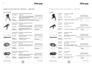 Notas de entrenamiento XCD 125 DTS-Si Notas de entrenamiento XCD 125 DTS-Si
24
I D E N T I F I C A C I Ó N D E P A R T E S - M O T O R I D E N T I F I C A C I Ó N D E P A R T E S - M O T O R
XCD 125 DTS-Si
Nombre de Parte
No. de Parte
Descripción
Garra de cambios para eje de entrada
JA 5610 06
Pin DE = 4.95~4.49 mm. Se proporciona un
rodillo (buje) en el pin para suaves cambios
de engranajes libres de fricción
Por favor señale en la caja
después de la confirmación
PLATINA
Part Name
Part No.
Descripción
Fork Shift for Input Shaft
31 1011 91
Pin O.D. is 4.9 mm.
Por favor señale en la caja
después de la confirmación
Toque y Sienta Understand the Differenc
Marca de
Identificación
Diferencia visual en el área del pin. El área principal
y las almohadillas son lisos. Punto de color verde. Chequeado
Identification
Mark
‘K bajaj’ mark is embossed on one face.
M
Nombre de Parte
No. de Parte
Descripción
Horquilla de cambios para eje de salida
JA 5610 05
El DE del pin es 4.45~4.49 mm. Se provee
un rodillo en el pin para suaves cambios
de engranajes libres de fricción
Por favor señale en la caja
después de la confirmación
Part Name
Part No.
Description
Fork Shift for Output Shaft
31 1011 92
Pin O.D. is 4.9 mm.
Por favor señale en la caja
después de la confirmación
Toque y Sienta Understand the Differenc
Marca de
Identificación
Diferencia visual en el área del pin. El área
principal y las almohadillas son lisos. Punto de
color verde
Chequeado
Identification
Mark
‘K bajaj’ mark is embossed on one face.
Medido
L = 70 MM
Nombre de Parte
No. de Parte
Descripción
Eje (barra) de la horquilla de cambios
JA 5610 04
Menor longitud comparada con el de Platina
Por favor señale en la caja
después de la confirmación L = 76 MM
Part Name
Part No.
Description
Shaft (Rod) Fork Shift
31 1010 51
More in length as compared to KG.
Por favor señale en la caja
después de la confirmación
Marca de
El DE es de 10.0mm.
Longitud 70.0 mm. Punto verde
en la cara del extremo
Toque y Sienta
O.D. is 10.0 mm.
Understand the Differenc
Marca de
Identificación Chequeado Identificación Length is 76.0 mm. Medido
Nombre de Parte
No. de Parte
Descripción
Retén de copa para el tambor de cambios
JA 5610 03
Menor altura comparado con el de Platina
Por favor señale en la caja
después de la confirmación
Part Name
Part No.
Description
Cup Stopper for Gear Shift Drum
DM 1010 98
More in height as compared to KG.
Por favor señale en la caja
después de la confirmación
El DE es32.0 mm. La altura 5.0 mm
Toque y Sienta
Marca de
O.D. is 32.0 mm. Height is 7.0 m
U
m
nderstand
Marca de
the Differenc
Altura = 5 mm Identificación De color blanco
Chequeado Altura = 7 mm
Identificación Yellow in color. Medido
Nombre de Parte
No. de Parte
Descripción
Tambor selector de cambios
JA 5610 01
Más amplitud de la ranura para acomodar
Por favor señale en la caja
después de la confirmación
Part Name
Part No.
Description
Drum Gear Shift
DU 1010 81
Less width of groove.
Por favor señale en la caja
después de la confirmación
el rodillo de horquilla de cambios.
Toque y Sienta Understand the Differenc
Ancho = 7.7 mm
Marca de
Identificación
La amplitud de la ranura del tambor de
cambios es de 7.55 ~ 7.7 mm. Chequeado Ancho = 5.2 mm
Identification
Mark
Shift drum groove width is
5.05 ~ 5.2 mm. Medido
84 85
 