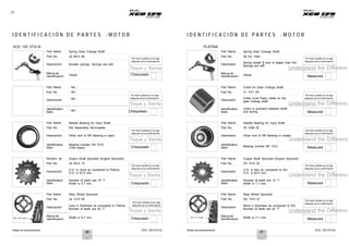 Notas de entrenamiento XCD 125 DTS-Si Notas de entrenamiento XCD 125 DTS-Si
25
I D E N T I F I C A C I Ó N D E P A R T E S - M O T O R I D E N T I F I C A C I Ó N D E P A R T E S - M O T O R
XCD 125 DTS-Si
Part Name
Part No.
Descripción
Spring Gear Change Shaft
JA 5612 06
Smaller springs. Springs are soft.
Por favor señale en la caja
después de la confirmación
PLATINA
Part Name
Part No.
Description
Spring Gear Change Shaft
36 DU 1004
Spring length & size is bigger than KG.
Por favor señale en la caja
después de la confirmación
Marca de
Toque y Sienta
Springs are stiff.
Understand the Differenc
Marca de
Identificación Visual. Chequeado Identificación Visual. Measured
Part Name
Part No.
Descripción
- NA -
- NA -
- NA -
Por favor señale en la caja
después de la confirmación
Part Name
Part No.
Description
Collar for Gear Change Shaft
31 1011 09
Collar must freely rotate on the
Por favor señale en la caja
después de la confirmación
Toque y Sienta
gear change shaft.
Understand the Differenc
Identification
Mark - NA - Chequeado
Identification
Mark
Collar is provided between shaft
and spring. Measured
Part Name
Part No.
Descripción
Needle Bearing for Input Shaft
Not Separately Serviceable
Other end of NR Bearing is open.
Por favor señale en la caja
después de la confirmación
Part Name
Part No.
Description
Needle Bearing for Input Shaft
39 1008 20
Other end of NR Bearing is closed.
Por favor señale en la caja
después de la confirmación
Identification
Mark
Bearing number HK 1312.
(1NA make)
Toque y Sienta
Chequeado
Identification
Mark Bearing number 8K 1312
Understand the Differenc
Measured
Número de
Part No.
Descripción
Output Shaft Sprocket (Engine Sprocket)
JA 5510 10
O.D. is more as compared to Platina.
Por favor señale en la caja
después de la confirmación
Part Name
Part No.
Description
Output Shaft Sprocket (Engine Sprocket)
DX 1010 52
O.D. is less as compared to KG.
Por favor señale en la caja
después de la confirmación
Identification
Mark
O.D. is 67.0 mm.
Number of teeth are 15 ‘T’.
Width is 5.7 mm.
Toque y Sienta
Chequeado
Identification
Mark
O.D. is 62.0 mm.
Number of teeth are 14 ‘T’.
Width is 7.1 mm.
Understand the Differenc
Measured
Part Name
Part No.
Descripción
Rear Wheel Sprocket
JA 1312 06
Less in thickness as compared to Platina.
Por favor señale en la caja
después de la confirmación
Part Name
Part No.
Description
Rear Wheel Sprocket
DU 1510 27
More in thickness as compared to KG.
Por favor señale en la caja
después de la confirmación
Number of teeth are 42 ‘T’.
Toque y Sienta
Marca de
Number of teeth are 42 ‘T’.
Understand the Differenc
Marca de
W = 5.7 mm Identificación Width is 5.7 mm. Chequeado W = 7.1 mm
Identificación Width is 7.1 mm. Measured
86 87
 