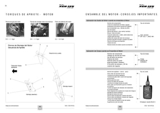 Notas de entrenamiento XCD 125 DTS-Si Notas de entrenamiento XCD 125 DTS-Si
28
T O R Q U E S D E A P R I E T E - M O T O R E N S A M B L E D E L M O T O R - C O N S E J O S I M P O R T A N T E S
Pernos de guía del crank Pernos de montaje motor de arranque Perno de palanca del crank
Aplicación de Aceite de Motor cuando se ensambla el Motor
Nombre del componente : Tipo de lubricante
Todos los rodamientos de bolas y agujas :
Rodamiento del extremo grande del cigüeñal :
Eje de transmisión eje y dientes de piñón :
Eje del tenedor :
Ranura del tambor y leva tambor cambios :
Bloque / falda del pistón :
0.9 ~ 1.1 Kgm
Pernos de Montaje del Motor
Secuencia de Apriete
0.9 ~ 1.1 Kgm
5
6
2.2 ~ 2.5 Kgm
Conjunto balancines y rodam. piloto balancines :
Lóbulos árbol de levas :
rodillos del cuerpo del clutch de arranque :
Extremo pequeño de biela y pasador de pistón :
Resorte embrague amortiguador :
Cadena de leva :
Rotores bomba de aceite cuando se ensambla :
SAE 20-W40
API (SJ) + JASO MA
Soporte de la culata
Aplicación de Grasa cuando se Ensambla el Motor
Nombre del componente : Tipo de Grasa
Vástago de válvulas del motor :
Eje del piñón de cambios :
Dirección hacia
adelante
9
1
Palanca del clutch :
Reborde sellos de aceite :
Bujes del tenedor (Rodillos) :
DI de piñón de arranque y DE de
cubierta del magneto :
Grasa
disulfuro de
molibdeno.
3
4
Montaje delantero
7
8 Montaje trasero
2
Nombre del sujetador / tuerca - perno : Tipo de Loctita
Perno allen del sprocket de leva :
Tornillos de la bobina captadora :
Tornillos del plato retén (clutch del engranaje
de arranque) :
Pernos guía del crank :
Pernos de salida del sprocket :
Tornillos de montaje bomba de aceite :
Perno allen que fija el piñón guía en el tambor
de cambios :
Tornillo de fijación del retenedor del rodamiento
en el eje de entrada :
Perno especial de la cadena en el lado de la holgura :
Montaje de tuerca inhibidora :
Montaje de tuerca del clutch :
Pernos plato amortiguador cubierta del clutch :
Pernos plato amortiguador cubierta del magneto :
Pernos de montaje estator :
Tornillo pieza de sujeción arnés del estator
Superficie de unión del cárter : Empaque Líquido Bond 3
92 93
 