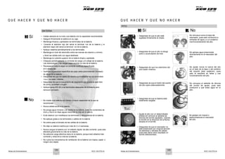 Notas de Entrenamiento XCD 125 DTS-Si Notas de Entrenamiento XCD 125 DTS-Si
Q U É H A C E R Y Q U É N O H A C E R Q U É H A C E R Y Q U É N O H A C E R
BATERÍA
PITO
3 Sí 7No
3 Sí • Instale siempre en la moto una batería con la capacidad recomendada.
• Asegure firmemente la batería en su caja.
• Mantenga limpios y apretados los terminales de la batería.
• Conecte el alambre rojo del ramal al terminal +ve de la batería y el
alambre negro del ramal al terminal –ve de la batería.
• Aplique vaselina periódicamente a los terminales.
• Mantenga el nivel del electrolito entre las marcas de máximo y mínimo,
y llene las celdas sólo con agua destilada.
• Mantenga la cubierta superior de la batería limpia y apretada.
• Chequee periódicamente la corriente de carga y el voltaje de la batería.
Las sobrecargas y las cargas bajas acortan la vida de la batería.
• Recargue la batería según la corriente continua especificada.
(0.5 amperios).
• Verifique la gravedad específica de cada celda para entender el estado
de carga de la batería.
• Asegúrese de que los ojales de caucho suministrados en los terminales
+vey –ve estén intactos.
• Asegúrese de que el mecanismo de respiración de la batería está libre
de polvo, suciedad o mugre.
• Aplique sprayWD-40 a las terminales atascadas de la batería para
remover corrosión.
• Asegúrese de que el pito esté
sujetado firmemente al chasis
• Asegúrese de que el pito no tenga
polvo o acumulación de lodo
• Asegúrese de que los alambres del
pito están intactos
• Asegúrese de que el botón del suiche
del pito opera adecuadamente
No remueva nunca la tapa del
resonador, pues esto conduciría a
entradas de agua y a un posterior
mal funcionamiento del pito.
No aplique agua presurizada
directamente en el resonador del
pito.
No ajuste nunca la tuerca del pito
en el lado de la tapa o del extremo
del soporte (lado posterior), pues
esto le resultará en fallas y mal
funcionamiento del pito.
No remueva el sellante de silicona
del tornillo de ajuste, pues esto
conducirá a que entre agua en el
pito.
No • No instale una batería con menor o mayor capacidad de la que se
recomienda.
• Nunca añada ácido a la batería.
• No ponga agua mineral o de canilla en la batería, pues los contenidos de
cloro y hierro en ésas aguas reducirán la vida de la batería.
• Evite destruir con martillazos los terminales y abrazaderas de la batería.
• No aplique grasa a los terminales o cables de la batería.
• No sobre-pase el llenado de las celdas de la batería.
• No deje su batería inactiva por más de 3 o 4 semanas.
• Nunca cargue la batería con ‘el método rápido’ de alta corriente, pues esto
afectará gravemente la vida de la batería.
• No adicione carga eléctrica extra en la batería, porque esto añadirá más
corriente y reducirá la vida de la batería.
• No cubra los mecanismos de ventilación de la batería con trapos, papel, o
ningún otro objeto.
• Asegúrese de que la batería está
totalmente cargada
• Ajuste el pito con un destornillador
phillips sin remover el sellante de
silicona del tornillo ajustador, rotando
el tornillo en la dirección de la flecha
situada en el tornillo
• Asegúrese de que el resonador no
esté presionado por ninguna sección
de alambres o ramales de cables,
pues esto daría como resultado un
sonido distorsionado.
No golpee con mazos o
destornilladores el resonador
del pito.
124 125
 