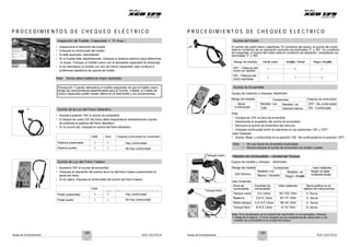 Notas de Entrenamiento XCD 125 DTS-Si Notas de Entrenamiento XCD 125 DTS-Si
P R O C E D I M I E N T O S D E C H E Q U E O E L É C T R I C O P R O C E D I M I E N T O S D E C H E Q U E O E L É C T R I C O
Inspección de Fusible (Capacidad = 10 Amp.) Suiche del Clutch
• Inspeccione el elemento del fusible.
• Chequee la continuidad del fusible.
• Si está quemado, reemplácelo.
• Si un fusible falla repetidamente, chequee el sistema eléctrico para determinar
la causa. Coloque un fusible nuevo con la apropiada capacidad de amperaje.
• Si se reemplaza un fusible con otro de menor capacidad, esto conduce a
problemas repetitivos de quema de fusible.
Nota: Nunca utilice fusibles de mayor capacidad.
El suiche del clutch tiene 3 alambres. En condición de neutra, el suiche del clutch
está en condición de no-operación cerrando los terminales ‘C’ y ‘NC’. En condición
de engranaje, el suiche del clutch está en condición de operación, conectando los
terminales ‘C’ y ‘NO’.
Rango de medida Verde claro Amarillo / Verde Negro /Amarillo
OFF – Palanca del
clutch sin apretar
ON – Palanca del
clutch apretada
l
l
l l
l l
Precaución: Cuando reemplace un fusible asegúrese de que el fusible nuevo
tenga las características especificadas para el circuito. Instalar un fusible de
mayor capacidad puede causar daños en el alambrado y los componentes.
Suiche de Encendido
Equipo de medición y chequeo: Multímetro
Rango de medida Conexiones Chequeo de continuidad
Suiche de la Luz del Freno Delantero
• Accione a posición ‘ON’ el suiche de encendido.
Modo
Continuidad
PNE:
Medidor +ve
Café
Medidor -ve
Alambre blanco
OFF - No continuidad
ON - Continuidad
• El bloque de luces LED del freno debe resplandecer brillantemente cuando
se presiona la palanca del freno delantero.
• Si no ocurre así, chequee el suiche del freno delantero.
Café Azul Chequee continuidad con multímetro
• Coloque en OFF la llave de encendido.
• Desconecte el acoplador del suiche de encendido.
• Remueva el suiche de encendido del vehículo.
• Chequee continuidad entre los alambres en las posiciones ‘ON’ y ‘OFF’.
Valor Estándar:
• Sonido ‘Beep’ y continuidad en la posición ‘ON’. No continuidad en la posición ‘OFF’.
Palanca presionada
Palanca suelta
l
l
l
l
Hay continuidad
No hay continuidad
Nota: • No use llaves de encendido duplicadas.
• Nunca lubrique el suiche de encendido con aceite o grasa.
Suiche de Luz del Freno Trasero
Tanque vacío Medidor de Combustible - Unidad del Tanque
Equipo de medida y chequeo : Multímetro
• Accione a ‘ON’ el suiche de encendido. Rango de medida Conexiones Valor estándar
• Chequee la operación del suiche de la luz del freno trasero presionando el
pedal del freno.
• Si no opera, chequee la continuidad del suiche del freno trasero.
200 Ohmios
Valor Estándar:-
Medidor +ve
Blanco / Amarillo
Medidor -ve
Negro / Amarillo
Según la tabla
mostrada abajo
Café
Azul Chequee continuidad con multímetro Tanque lleno
Nivel de Cantidad de Valor estándar Barra gráfica en el
combustible combustible tablero de instrumentos
instrumentos
Pedal presionado
Pedal suelto
l
l
l
l
Hay continuidad
No hay continuidad
Tanque vacío 0.0 Litros 93~103 Ohm 0 Barras
Reserva 2.8~3 Litros 67~77 Ohm 2 Barras
Medio tanque 4.2~4.8 Litros 36~44 Ohm 4 Barras
Tanque lleno 8~8.5 Litros 4~10 Ohm 8 Barras
Nota: Si la visualización en la consola del velocímetro no es apropiada, chequee:
1 Voltaje de la batería. 2 Firme conexión de los acopladores del velocímetro y del
medidor de combustible en la unidad del tanque.
128 129
 