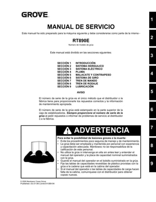 MANUAL DE SERVICIO
Este manual ha sido preparado para la máquina siguiente y debe considerarse como parte de la misma -
RT890E
Número de modelo de grúa
Este manual está dividido en las secciones siguientes:
SECCIÓN 1 INTRODUCCIÓN
SECCIÓN 2 SISTEMA HIDRÁULICO
SECCIÓN 3 SISTEMA ELÉCTRICO
SECCIÓN 4 PLUMA
SECCIÓN 5 MALACATE Y CONTRAPESO
SECCIÓN 6 SISTEMA DE GIRO
SECCIÓN 7 TREN DE MANDO
SECCIÓN 8 TREN DE RODAJE
SECCIÓN 9 LUBRICACIÓN
AVISO
El número de serie de la grúa es el único método que el distribuidor o la
fábrica tiene para proporcionarle los repuestos correctos y la información
de mantenimiento apropiada.
El número de serie de la grúa está estampado en la parte superior de la
caja de estabilizadores. Siempre proporcione el número de serie de la
grúa al pedir repuestos o informar de problemas de servicio al distribuidor
o a la fábrica.
Para evitar la posibilidad de lesiones graves o la muerte:
• Evite los procedimientos poco seguros de manejo y de mantenimiento.
• La grúa debe ser empleada y mantenida por personal con experiencia
y capacitación adecuada. Manitowoc no se responsabiliza de la
calificación de este personal.
• No utilice la grúa ni intervenga en ella sin antes leer y entender el
manual del operador y la placa de capacidad nominal suministrados
con la grúa.
• Guarde el manual del operador en el bolsillo suministrado en la grúa.
• Fije las tablas de capacidades revestidas de plástico provistas con la
grúa a la cadena que está en la cabina del operador.
• Si el manual del operador o las tablas de capacidades de carga hacen
falta de la cabina, comuníquese con el distribuidor para obtener
copias nuevas.
ADVERTENCIA
© 2006 Manitowoc Crane Group
Published: 03-31-08 Control # 069-04
1
4
5
6
7
8
2
3
9
 