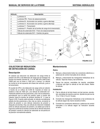 2-65
MANUAL DE SERVICIO DE LA RT890E SISTEMA HIDRÁULICO
2
Published 03-31-08, Control # 069-04
COLECTOR DE REDUCCIÓN
DE DETECCIÓN DE CARGA
Descripción
El colector de reducción de detección de carga limita la
presión de CPU o de detección de carga que se entrega a la
bomba de émbolo (bomba N° 1) a 20 684 kPa (206.8 bar)
(3000 psi) con el motor a 1500 rpm o menos. La válvula
se monta en el riel izquierdo del chasis del vehículo, junto a
la transmisión.
El caudal de CPU o de detección de carga entra al colector
a través de un orificio de 0.030 Ø. Cuando el motor se
acelera a más de 1500 rpm, una válvula de solenoide nor-
malmente abierta de dos posiciones y dos vías se desactiva,
permitiendo que la señal de presión pase a través del
colector hacia la bomba de émbolo (bomba N° 1) (vea la
Figura 2-35). Cuando está activada, la válvula normalmente
abierta de dos posiciones y dos vías se cierra, enviando la
señal de presión a una válvula reductora de presión y
después a la bomba. Hay una válvula de retención instalada
entre la válvula reductora de presión y la salida que evita la
fuga de la señal de la bomba a través de la válvula reductora
de presión cuando la válvula de solenoide se encuentra en
la posición normalmente abierta.
Mantenimiento
Retiro
1. Marque y desconecte todos los conectores eléctricos o
palancas de control manuales de la válvula.
2. Marque y desconecte las mangueras hidráulicas de la
válvula. Tape las líneas y las lumbreras.
3. Saque los pernos, arandelas de resorte, arandelas
y tuercas que fijan la válvula al riel del chasis. Retire
la válvula.
Instalación
1. Fije la válvula al riel del chasis con las tuercas, arande-
las, arandelas de resorte y pernos. Apriete los pernos de
10 a 11 Nm (7.4 a 8.1 lb-pie).
2. Conecte las mangueras hidráulicas a las lumbreras de
la válvula según las marcó durante el retiro.
3. Conecte los conectores eléctricos o palancas de control
manuales a la válvula según se marcaron durante
el retiro.
Artículo Descripción
1 Lumbrera G
2 Lumbrera PB - Freno de estacionamiento
3 Lumbrera B - Accionador de cambio a gama alta-baja
4 Lumbrera A - Accionador de cambio a gama alta-baja
5 Lumbrera T - Transmisión
6 Lumbrera P - Presión de la bomba de carga de la transmisión
7 Válvula de solenoide SV2 - Freno de estacionamiento
8 Válvula de solenoide SV1 - Cambio de gama
1
3
2
4
5
6
7
8
1
3
2
4
5
6
7
8
6353-2
6353-1
Diagrama
esquemático FIGURA 2-33
 