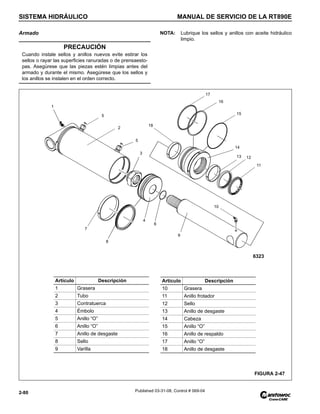 SISTEMA HIDRÁULICO MANUAL DE SERVICIO DE LA RT890E
2-80 Published 03-31-08, Control # 069-04
Armado NOTA: Lubrique los sellos y anillos con aceite hidráulico
limpio.
PRECAUCIÓN
Cuando instale sellos y anillos nuevos evite estirar los
sellos o rayar las superficies ranuradas o de prensaesto-
pas. Asegúrese que las piezas estén limpias antes del
armado y durante el mismo. Asegúrese que los sellos y
los anillos se instalen en el orden correcto.
Artículo Descripción
1 Grasera
2 Tubo
3 Contratuerca
4 Émbolo
5 Anillo “O”
6 Anillo “O”
7 Anillo de desgaste
8 Sello
9 Varilla
Artículo Descripción
10 Grasera
11 Anillo frotador
12 Sello
13 Anillo de desgaste
14 Cabeza
15 Anillo “O”
16 Anillo de respaldo
17 Anillo “O”
18 Anillo de desgaste
FIGURA 2-47
6323
3
7
8
4
6
2
9
17
10
5
5
11
18
1
12
13
14
15
16
 