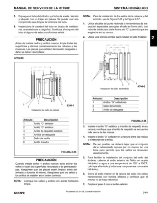 2-91
MANUAL DE SERVICIO DE LA RT890E SISTEMA HIDRÁULICO
2
Published 03-31-08, Control # 069-04
7. Enjuague el tubo del cilindro y el tubo de aceite. Vacíelo
y séquelo con un trapo sin pelusa. Se puede usar aire
comprimido para limpiar la lumbrera del tubo.
8. Inspeccione la cavidad del tubo en busca de melladu-
ras, acanaladuras y rasguños. Sustituya el conjunto del
tubo si alguna de estas condiciones existe.
Armado
NOTA: Lubrique los sellos y anillos con aceite hidráulico
limpio.
NOTA: Para la instalación de los sellos de la cabeza y del
émbolo, vea la Figura 2-56 y la Figura 2-57.
1. Utilice alicates de punta redonda o herramientas de ins-
talación especiales para girar el sello en forma de U con
reborde doble para darle forma de “C” y permita que se
enganche en su ranura.
2. Utilice una técnica similar para instalar el sello frotador.
3. Instale el anillo “O” estático y el anillo de respaldo en su
ranura y verifique que el anillo de respaldo se encuentre
más cerca de las roscas.
4. Instale el anillo “O” sellador en la ranura entre las roscas
y el reborde de la brida.
NOTA: De ser posible, se deberá dejar que el conjunto
de la cabeza/sello repose por no menos de una
hora para permitir que los sellos se restauren
elásticamente.
5. Para facilitar la instalación del conjunto del sello del
émbolo, caliente el anillo exterior de Teflon en aceite
hidráulico o agua a una temperatura de 120° a 150°F.
Lubrique el émbolo y todos sus componentes con aceite
hidráulico.
6. Estire el anillo interior en la ranura del sello. No utilice
herramientas con bordes afilados y verifique que el
mismo no se haya retorcido.
7. Repita el paso 6 con el anillo exterior.
PRECAUCIÓN
Antes de instalar sellos y anillos nuevos, limpie todas las
superficies y elimine cuidadosamente las rebabas y las
muescas. Las piezas que exhiben demasiado desgaste o
daño se deben reemplazar.
PRECAUCIÓN
Cuando instale sellos y anillos nuevos evite estirar los
sellos o rayar las superficies ranuradas o de prensaesto-
pas. Asegúrese que las piezas estén limpias antes del
armado y durante el mismo. Asegúrese que los sellos y
los anillos se instalen en el orden correcto.
Instalación de sello de cabeza
FIGURA 2-55
Artículo Descripción
1 Anillo “O” sellador
2 Anillo “O” estático
3 Anillo de respaldo estático
4 Anillos de desgaste
5 Sello de varilla
6 Anillo frotador
1
2
3
4
5
6
6391-1
Instalación del sello del émbolo
FIGURA 2-56
Artículo Descripción
1 Anillos “O” selladores
2 Sello del émbolo
3 Anillo de desgaste
1
2 3
3
6391-2
 