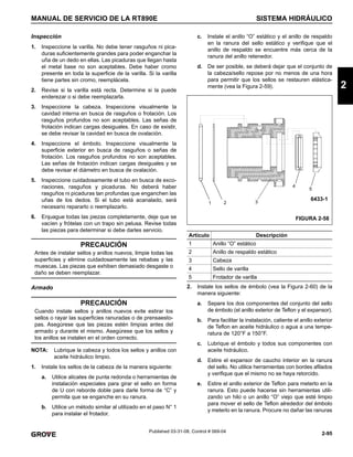 2-95
MANUAL DE SERVICIO DE LA RT890E SISTEMA HIDRÁULICO
2
Published 03-31-08, Control # 069-04
Inspección
1. Inspeccione la varilla. No debe tener rasguños ni pica-
duras suficientemente grandes para poder enganchar la
uña de un dedo en ellas. Las picaduras que llegan hasta
el metal base no son aceptables. Debe haber cromo
presente en toda la superficie de la varilla. Si la varilla
tiene partes sin cromo, reemplácela.
2. Revise si la varilla está recta. Determine si la puede
enderezar o si debe reemplazarla.
3. Inspeccione la cabeza. Inspeccione visualmente la
cavidad interna en busca de rasguños o frotación. Los
rasguños profundos no son aceptables. Las señas de
frotación indican cargas desiguales. En caso de existir,
se debe revisar la cavidad en busca de ovalación.
4. Inspeccione el émbolo. Inspeccione visualmente la
superficie exterior en busca de rasguños o señas de
frotación. Los rasguños profundos no son aceptables.
Las señas de frotación indican cargas desiguales y se
debe revisar el diámetro en busca de ovalación.
5. Inspeccione cuidadosamente el tubo en busca de exco-
riaciones, rasguños y picaduras. No deberá haber
rasguños ni picaduras tan profundas que enganchen las
uñas de los dedos. Si el tubo está acanalado, será
necesario repararlo o reemplazarlo.
6. Enjuague todas las piezas completamente, deje que se
vacíen y frótelas con un trapo sin pelusa. Revise todas
las piezas para determinar si debe darles servicio.
Armado
NOTA: Lubrique la cabeza y todos los sellos y anillos con
aceite hidráulico limpio.
1. Instale los sellos de la cabeza de la manera siguiente:
a. Utilice alicates de punta redonda o herramientas de
instalación especiales para girar el sello en forma
de U con reborde doble para darle forma de “C” y
permita que se enganche en su ranura.
b. Utilice un método similar al utilizado en el paso N° 1
para instalar el frotador.
c. Instale el anillo “O” estático y el anillo de respaldo
en la ranura del sello estático y verifique que el
anillo de respaldo se encuentre más cerca de la
ranura del anillo retenedor.
d. De ser posible, se deberá dejar que el conjunto de
la cabeza/sello repose por no menos de una hora
para permitir que los sellos se restauren elástica-
mente (vea la Figura 2-59).
2. Instale los sellos de émbolo (vea la Figura 2-60) de la
manera siguiente:
a. Separe los dos componentes del conjunto del sello
de émbolo (el anillo exterior de Teflon y el expansor).
b. Para facilitar la instalación, caliente el anillo exterior
de Teflon en aceite hidráulico o agua a una tempe-
ratura de 120°F a 150°F.
c. Lubrique el émbolo y todos sus componentes con
aceite hidráulico.
d. Estire el expansor de caucho interior en la ranura
del sello. No utilice herramientas con bordes afilados
y verifique que el mismo no se haya retorcido.
e. Estire el anillo exterior de Teflon para meterlo en la
ranura. Esto puede hacerse sin herramientas utili-
zando un hilo o un anillo “O” viejo que esté limpio
para mover el sello de Teflon alrededor del émbolo
y meterlo en la ranura. Procure no dañar las ranuras
PRECAUCIÓN
Antes de instalar sellos y anillos nuevos, limpie todas las
superficies y elimine cuidadosamente las rebabas y las
muescas. Las piezas que exhiben demasiado desgaste o
daño se deben reemplazar.
PRECAUCIÓN
Cuando instale sellos y anillos nuevos evite estirar los
sellos o rayar las superficies ranuradas o de prensaesto-
pas. Asegúrese que las piezas estén limpias antes del
armado y durante el mismo. Asegúrese que los sellos y
los anillos se instalen en el orden correcto.
Artículo Descripción
1 Anillo “O” estático
2 Anillo de respaldo estático
3 Cabeza
4 Sello de varilla
5 Frotador de varilla
1 2 3
FIGURA 2-58
6433-1
4
5
 