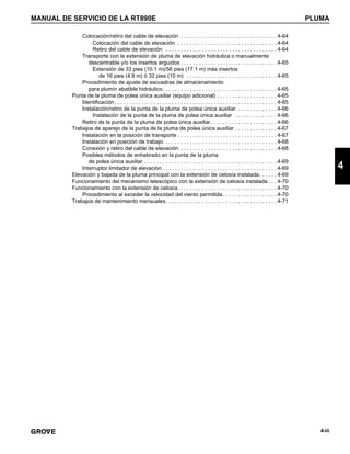 MANUAL DE SERVICIO DE LA RT890E PLUMA
4-iii
4
Colocación/retiro del cable de elevación . . . . . . . . . . . . . . . . . . . . . . . . . . . . . . . . 4-64
Colocación del cable de elevación . . . . . . . . . . . . . . . . . . . . . . . . . . . . . . . . . 4-64
Retiro del cable de elevación . . . . . . . . . . . . . . . . . . . . . . . . . . . . . . . . . . . . . 4-64
Transporte con la extensión de pluma de elevación hidráulica o manualmente
descentrable y/o los insertos erguidos . . . . . . . . . . . . . . . . . . . . . . . . . . . . . . . . 4-65
Extensión de 33 pies (10.1 m)/56 pies (17.1 m) más insertos
de 16 pies (4.9 m) ó 32 pies (10 m) . . . . . . . . . . . . . . . . . . . . . . . . . . . . . . 4-65
Procedimiento de ajuste de escuadras de almacenamiento
para plumín abatible hidráulico. . . . . . . . . . . . . . . . . . . . . . . . . . . . . . . . . . . . . . 4-65
Punta de la pluma de polea única auxiliar (equipo adicional) . . . . . . . . . . . . . . . . . . . . 4-65
Identificación. . . . . . . . . . . . . . . . . . . . . . . . . . . . . . . . . . . . . . . . . . . . . . . . . . . . . . 4-65
Instalación/retiro de la punta de la pluma de polea única auxiliar . . . . . . . . . . . . . 4-66
Instalación de la punta de la pluma de polea única auxiliar . . . . . . . . . . . . . . 4-66
Retiro de la punta de la pluma de polea única auxiliar . . . . . . . . . . . . . . . . . . . . . . 4-66
Trabajos de aparejo de la punta de la pluma de polea única auxiliar . . . . . . . . . . . . . . 4-67
Instalación en la posición de transporte . . . . . . . . . . . . . . . . . . . . . . . . . . . . . . . . . 4-67
Instalación en posición de trabajo. . . . . . . . . . . . . . . . . . . . . . . . . . . . . . . . . . . . . . 4-68
Conexión y retiro del cable de elevación . . . . . . . . . . . . . . . . . . . . . . . . . . . . . . . . 4-68
Posibles métodos de enhebrado en la punta de la pluma
de polea única auxiliar . . . . . . . . . . . . . . . . . . . . . . . . . . . . . . . . . . . . . . . . . . . . 4-69
Interruptor limitador de elevación . . . . . . . . . . . . . . . . . . . . . . . . . . . . . . . . . . . . . . 4-69
Elevación y bajada de la pluma principal con la extensión de celosía instalada. . . . . . 4-69
Funcionamiento del mecanismo telescópico con la extensión de celosía instalada . . . 4-70
Funcionamiento con la extensión de celosía. . . . . . . . . . . . . . . . . . . . . . . . . . . . . . . . . 4-70
Procedimiento al exceder la velocidad del viento permitida . . . . . . . . . . . . . . . . . . 4-70
Trabajos de mantenimiento mensuales. . . . . . . . . . . . . . . . . . . . . . . . . . . . . . . . . . . . . 4-71
 