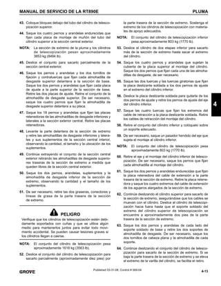 4-13
MANUAL DE SERVICIO DE LA RT890E PLUMA
4
Published 03-31-08, Control # 069-04
43. Coloque bloques debajo del tubo del cilindro de telesco-
pización superior.
44. Saque los cuatro pernos y arandelas endurecidas que
fijan cada placa de montaje de muñón del tubo del
cilindro superior a la sección central exterior.
NOTA: La sección de extremo de la pluma y los cilindros
de telescopización pesan aproximadamente
3853 kg (8494 lb).
45. Deslice el conjunto para sacarlo parcialmente de la
sección central exterior.
46. Saque los pernos y arandelas y los dos tornillos de
fijación y contratuercas que fijan cada almohadilla de
desgaste superior delantera a la sección de base.
Saque los dos pernos y arandelas que fijan cada placa
de ajuste a la parte superior de la sección de base.
Retire las dos placas de ajuste. Retire el conjunto de la
almohadilla de desgaste superior. De ser necesario,
saque los cuatro pernos que fijan la almohadilla de
desgaste superior delantera a su placa.
47. Saque los 18 pernos y arandelas que fijan las placas
retenedoras de las almohadillas de desgaste inferiores y
laterales a la sección exterior central. Retire las placas
retenedoras.
48. Levante la parte delantera de la sección de extremo
y retire las almohadillas de desgaste inferiores y latera-
les y sus suplementos de la sección central interior,
observando la cantidad, el tamaño y la ubicación de los
suplementos.
49. Continúe extrayendo el conjunto de la sección central
exterior retirando las almohadillas de desgaste superio-
res traseras de la sección de extremo a medida que
queden libres de la sección central exterior.
50. Saque los dos pernos, arandelas, suplementos y la
almohadilla de desgaste inferior de la sección de
extremo, observando la cantidad y el tamaño de los
suplementos.
51. De ser necesario, retire las dos graseras, conectores y
líneas de grasa de la parte trasera de la sección
de extremo.
NOTA: El conjunto del cilindro de telescopización pesa
aproximadamente 1616 kg (3563 lb).
52. Deslice el conjunto del cilindro de telescopización para
sacarlo parcialmente (aproximadamente diez pies) por
la parte trasera de la sección de extremo. Sostenga el
extremo de los cilindros de telescopización con materia-
les de apoyo adecuados.
NOTA: El conjunto del cilindro de telescopización inferior
pesa aproximadamente 803 kg (1770 lb).
53. Deslice el cilindro de dos etapas inferior para sacarlo
más de la sección de extremo hasta sacar el extremo
del cilindro.
54. Saque los cuatro pernos y arandelas que sujetan la
cubierta de la placa superior al montaje del cilindro.
Saque los dos pernos que fijan cada una de las almoha-
dillas de desgaste, de ser necesario.
55. Saque las dos tuercas y las tuercas giratorias que fijan
la placa deslizante soldada a los dos pernos de ajuste
en el extremo del cilindro inferior.
56. Deslice la placa deslizante soldada para quitarla de los
dos pernos de ajuste y retire los pernos de ajuste del eje
del cilindro inferior.
57. Saque las cuatro tuercas que fijan los extremos del
cable de retracción a la placa deslizante soldada. Retire
los cables de retracción del montaje del cilindro.
58. Retire el conjunto del cilindro inferior y colóquelo sobre
un soporte adecuado.
59. De ser necesario, saque un pasador hendido del eje que
sujeta el montaje al cilindro inferior.
NOTA: El conjunto del cilindro de telescopización pesa
aproximadamente 803 kg (1770 lb).
60. Retire el eje y el montaje del cilindro inferior de telesco-
pización. De ser necesario, saque los pernos que fijan
cada almohadilla al montaje del cilindro.
61. Saque los dos pernos y arandelas endurecidas que fijan
la placa retenedora del cable de extensión a la parte
trasera de la sección de extremo. Retire la placa retene-
dora y saque los cuatro extremos del cable de extensión
de los agujeros alargados de la sección de extremo.
62. Continúe deslizando el cilindro superior para sacarlo de
la sección de extremo, asegurándose que los cables se
muevan con el cilindro. Deslice el cilindro de telescopi-
zación hacia fuera hasta que el soporte soldado del
extremo del cilindro superior de telescopización se
encuentre a aproximadamente dos pies de la parte
trasera de la sección de extremo.
63. Saque los dos pernos y arandelas de cada lado del
soporte soldado de base y retire los dos soportes de
almohadilla de desgaste. De ser necesario, saque los
dos tornillos de cabeza plana y la almohadilla de cada
soporte.
64. Continúe deslizando el conjunto del cilindro de telesco-
pización para sacarlo de la sección de extremo. Si se
baja la parte trasera de la sección de extremo y se eleva
el extremo de la varilla del cilindro, se facilita el retiro.
PELIGRO
Verifique que los cilindros de telescopización estén debi-
damente soportados con cuñas y que se utilice algún
medio para mantenerlos juntos para evitar todo movi-
miento accidental. Se pueden causar lesiones graves si
los cilindros llegan a caerse.
 