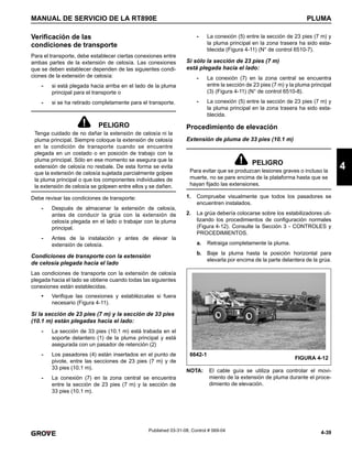 4-39
MANUAL DE SERVICIO DE LA RT890E PLUMA
4
Published 03-31-08, Control # 069-04
Verificación de las
condiciones de transporte
Para el transporte, debe establecer ciertas conexiones entre
ambas partes de la extensión de celosía. Las conexiones
que se deben establecer dependen de las siguientes condi-
ciones de la extensión de celosía:
- si está plegada hacia arriba en el lado de la pluma
principal para el transporte o
- si se ha retirado completamente para el transporte.
Debe revisar las condiciones de transporte:
- Después de almacenar la extensión de celosía,
antes de conducir la grúa con la extensión de
celosía plegada en el lado o trabajar con la pluma
principal.
- Antes de la instalación y antes de elevar la
extensión de celosía.
Condiciones de transporte con la extensión
de celosía plegada hacia el lado
Las condiciones de transporte con la extensión de celosía
plegada hacia el lado se obtiene cuando todas las siguientes
conexiones están establecidas.
• Verifique las conexiones y establézcalas si fuera
necesario (Figura 4-11).
Si la sección de 23 pies (7 m) y la sección de 33 pies
(10.1 m) están plegadas hacia el lado:
- La sección de 33 pies (10.1 m) está trabada en el
soporte delantero (1) de la pluma principal y está
asegurada con un pasador de retención (2)
- Los pasadores (4) están insertados en el punto de
pivote, entre las secciones de 23 pies (7 m) y de
33 pies (10.1 m).
- La conexión (7) en la zona central se encuentra
entre la sección de 23 pies (7 m) y la sección de
33 pies (10.1 m).
- La conexión (5) entre la sección de 23 pies (7 m) y
la pluma principal en la zona trasera ha sido esta-
blecida (Figura 4-11) (N° de control 6510-7).
Si sólo la sección de 23 pies (7 m)
está plegada hacia el lado:
- La conexión (7) en la zona central se encuentra
entre la sección de 23 pies (7 m) y la pluma principal
(3) (Figura 4-11) (N° de control 6510-8).
- La conexión (5) entre la sección de 23 pies (7 m) y
la pluma principal en la zona trasera ha sido esta-
blecida.
Procedimiento de elevación
Extensión de pluma de 33 pies (10.1 m)
1. Compruebe visualmente que todos los pasadores se
encuentren instalados.
2. La grúa debería colocarse sobre los estabilizadores uti-
lizando los procedimientos de configuración normales
(Figura 4-12). Consulte la Sección 3 - CONTROLES y
PROCEDIMIENTOS.
a. Retraiga completamente la pluma.
b. Baje la pluma hasta la posición horizontal para
elevarla por encima de la parte delantera de la grúa.
NOTA: El cable guía se utiliza para controlar el movi-
miento de la extensión de pluma durante el proce-
dimiento de elevación.
PELIGRO
Tenga cuidado de no dañar la extensión de celosía ni la
pluma principal. Siempre coloque la extensión de celosía
en la condición de transporte cuando se encuentre
plegada en un costado o en posición de trabajo con la
pluma principal. Sólo en ese momento se asegura que la
extensión de celosía no resbale. De esta forma se evita
que la extensión de celosía sujetada parcialmente golpee
la pluma principal o que los componentes individuales de
la extensión de celosía se golpeen entre ellos y se dañen.
PELIGRO
Para evitar que se produzcan lesiones graves o incluso la
muerte, no se pare encima de la plataforma hasta que se
hayan fijado las extensiones.
FIGURA 4-12
6642-1
 
