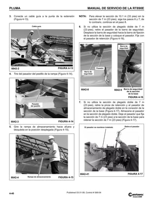 PLUMA MANUAL DE SERVICIO DE LA RT890E
4-40 Published 03-31-08, Control # 069-04
3. Conecte un cable guía a la punta de la extensión
(Figura 4-13).
4. Tire del pasador del pestillo de la rampa (Figura 4-14).
5. Gire la rampa de almacenamiento hacia afuera y
bloquéela en la posición desplegada (Figura 4-15).
NOTA: Para elevar la sección de 10.1 m (33 pies) sin la
sección de 7 m (23 pies), siga los pasos 6 y 7; de
lo contrario, continúe en el paso 8.
6. Si no utiliza la sección de plegado doble de 7 m
(23 pies), retire el pasador de la barra de seguridad.
Desplace la barra de seguridad hacia la barra de fijación
de la sección de la base y coloque el pasador. Fije con
el pasador de retención (Figura 4-16).
7. Si no utiliza la sección de plegado doble de 7 m
(23 pies), retire la pinza de retención y el pasador de
almacenamiento de plegado doble en la conexión de la
sección de la base (Figura 4-17). Almacene el pasador
en la sección de plegado doble. Deje el pasador que fija
la sección de 7 m (23 pies) a la sección de la base para
retener la sección de 7 m (23 pies) (Figura 4-17).
.
FIGURA 4-13
6642-2
Cable guía
FIGURA 4-14
6642-3
Pasador
del pestillo
FIGURA 4-15
6642-4 Rampa de almacenamiento
6642-8 Barra de seguridad
de la sección
de la base
FIGURA 4-16
6642-9
Barra de
seguridad
Pasador
Barra de
seguridad
6642-41 FIGURA 4-17
Retire el pasador
El pasador se mantiene instalado
 