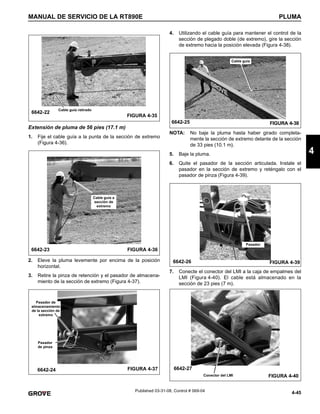 4-45
MANUAL DE SERVICIO DE LA RT890E PLUMA
4
Published 03-31-08, Control # 069-04
Extensión de pluma de 56 pies (17.1 m)
1. Fije el cable guía a la punta de la sección de extremo
(Figura 4-36).
2. Eleve la pluma levemente por encima de la posición
horizontal.
3. Retire la pinza de retención y el pasador de almacena-
miento de la sección de extremo (Figura 4-37).
4. Utilizando el cable guía para mantener el control de la
sección de plegado doble (de extremo), gire la sección
de extremo hacia la posición elevada (Figura 4-38).
NOTA: No baje la pluma hasta haber girado completa-
mente la sección de extremo delante de la sección
de 33 pies (10.1 m).
5. Baje la pluma.
6. Quite el pasador de la sección articulada. Instale el
pasador en la sección de extremo y reténgalo con el
pasador de pinza (Figura 4-39).
7. Conecte el conector del LMI a la caja de empalmes del
LMI (Figura 4-40). El cable está almacenado en la
sección de 23 pies (7 m).
6642-22
FIGURA 4-35
Cable guía retirado
6642-23 FIGURA 4-36
Cable guía a
sección de
extremo
6642-24
Pasador de
almacenamiento
de la sección de
extremo
FIGURA 4-37
Pasador
de pinza
6642-25 FIGURA 4-38
Cable guía
6642-26 FIGURA 4-39
Pasador
6642-27
FIGURA 4-40
Conector del LMI
 