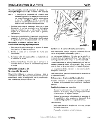 4-55
MANUAL DE SERVICIO DE LA RT890E PLUMA
4
Published 03-31-08, Control # 069-04
Conexión eléctrica entre la extensión de celosía y el
interruptor de prevención del contacto entre bloques
NOTA: El interruptor de prevención del contacto entre
bloques suministrado con la extensión de pluma se
usa para el funcionamiento de las secciones de
33 pies (10.1 m) y 56 pies (17 m). La conexión de
la caja de empalme para la sección que no se usa
debe anularse con un enchufe de derivación.
1. Instale el interruptor de prevención del contacto entre
bloques en el enchufe apropiado, cerca de la polea
de punta de la sección que se está usando. Fije el inte-
rruptor a la extensión de pluma con un pasador
de retención.
2. Saque el enchufe de derivación y conecte el alambre del
dispositivo de prevención del contacto entre bloques a
la caja de empalme ubicada cerca de la polea de punta.
Desconecte la conexión eléctrica entre la
extensión de celosía y la pluma principal.
1. Desconecte el cable de extensión de la pluma de la caja
de empalmes de la punta de pluma.
2. Enrolle el cable en la extensión de pluma para
almacenarlo.
3. Conecte el cable al receptáculo falso en el adaptador de
la extensión de pluma.
4. Instale el enchufe de derivación de 17 clavijas en el
conector abierto en la caja de empalme en la punta de
la pluma.
Conexión hidráulica en
la extensión de pluma
El suministro hidráulico es necesario para elevar y bajar la
extensión de celosía. Es necesario restablecer la conexión
hidráulica del tambor de manguera si ésta se ha desconec-
tado para trabajar con la pluma principal.
Condiciones de transporte de las conexiones
Para el transporte, siempre ponga las conexiones hidráuli-
cas en las siguientes condiciones (Figura 4-71).
Las mangueras hidráulicas (5) están en la sección de
16 pies (4.9 m) con la polea deflectora. Para el transporte,
las mangueras hidráulicas se fijan en los retenedores (3).
En los dos extremos de la manguera delantera hay dos aco-
pladores rápidos (4) fijados a una placa (1). Para el trans-
porte, la placa se fija al retenedor (2) en la parte delantera.
Los acopladores rápidos (4) están en los extremos de las
mangueras traseras (3).
Para el transporte, las mangueras hidráulicas se engarzan
en los sujetadores (2).
En la extensión de pluma de 72 pies (22.0 m)
Todas las conexiones se realizan con acopladores rápidos.
Las mitades de acopladores adosadas están codificadas
por color.
Establecimiento de una conexión
• Conecte los extremos de las mangueras traseras (1) de
la sección de 16 pies (4.9 m) a los acopladores rápidos
(2) de la cabeza de la pluma principal.
• Conecte las mangueras hidráulicas (3) de la sección de
33 pies (10.1 m) a los acopladores rápidos (4) de la
sección de 16 pies (4.9 m) en la parte delantera.
Desconexión
• Desconecte todos los acopladores rápidos y cúbralos
con tapas protectoras.
• Prepare las conexiones para el transporte.
FIGURA 4-71
3
5
4
2 1
w3363a
 