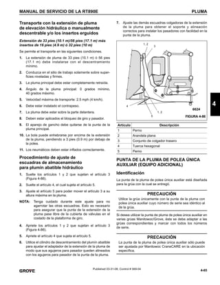 4-65
MANUAL DE SERVICIO DE LA RT890E PLUMA
4
Published 03-31-08, Control # 069-04
Transporte con la extensión de pluma
de elevación hidráulica o manualmente
descentrable y/o los insertos erguidos
Extensión de 33 pies (10.1 m)/56 pies (17.1 m) más
insertos de 16 pies (4.9 m) ó 32 pies (10 m)
Se permite el transporte en las siguientes condiciones.
1. La extensión de pluma de 33 pies (10.1 m) ó 56 pies
(17.1 m) debe instalarse con el descentramiento
mínimo.
2. Conduzca en el sitio de trabajo solamente sobre super-
ficies niveladas y firmes.
3. La pluma principal debe estar completamente retraída.
4. Ángulo de la pluma principal: 0 grados mínimo,
40 grados máximo.
5. Velocidad máxima de transporte: 2.5 mph (4 km/h).
6. Debe estar instalado el contrapeso.
7. La pluma debe estar sobre la parte delantera.
8. Deben estar aplicados el bloqueo de giro y pasador.
9. El aparejo de gancho debe quitarse de la punta de la
pluma principal.
10. La bola puede enhebrarse por encima de la extensión
de la pluma, pendiendo a 3 pies (0.9 m) por debajo de
la polea.
11. Los neumáticos deben estar inflados correctamente.
Procedimiento de ajuste de
escuadras de almacenamiento
para plumín abatible hidráulico
1. Suelte los artículos 1 y 2 que sujetan el artículo 3
(Figura 4-86).
2. Suelte el artículo 4, el cual sujeta el artículo 5.
3. Ajuste el artículo 5 para poder mover el artículo 3 a su
altura máxima en la pluma.
NOTA: Tenga cuidado durante este ajuste para no
agarrotar las otras escuadras. Esto es necesario
para asegurar que la punta de la extensión de la
pluma pase libre de la cubierta de válvulas en el
costado de la plataforma de giro.
4. Apriete los artículos 1 y 2 que sujetan el artículo 3
(Figura 4-86).
5. Apriete el artículo 4 que sujeta el artículo 5.
6. Utilice el cilindro de descentramiento del plumín abatible
para ajustar el adaptador de la extensión de la pluma de
modo que sus agujeros para pasador queden alineados
con los agujeros para pasador de la punta de la pluma.
7. Ajuste las demás escuadras colgadoras de la extensión
de la pluma para obtener el soporte y alineación
correctos para instalar los pasadores con facilidad en la
punta de la pluma.
PUNTA DE LA PLUMA DE POLEA ÚNICA
AUXILIAR (EQUIPO ADICIONAL)
Identificación
La punta de la pluma de polea única auxiliar está diseñada
para la grúa con la cual se entregó.
Si desea utilizar la punta de pluma de polea única auxiliar en
varias grúas Manitowoc/Grove, ésta se debe adaptar a las
grúas correspondientes y marcar con todos los números
de serie.
Artículo Descripción
1 Perno
2 Arandela plana
3 Conjunto de colgador trasero
4 Tuerca hexagonal
5 Perno
PRECAUCIÓN
Utilice la grúa únicamente con la punta de la pluma con
polea única auxiliar cuyo número de serie sea idéntico al
de la grúa.
PRECAUCIÓN
La punta de la pluma de polea única auxiliar sólo puede
ser ajustada por Manitowoc CraneCARE en la ubicación
específica.
1, 2
1, 2
4
5 FIGURA 4-86
6624
3
 